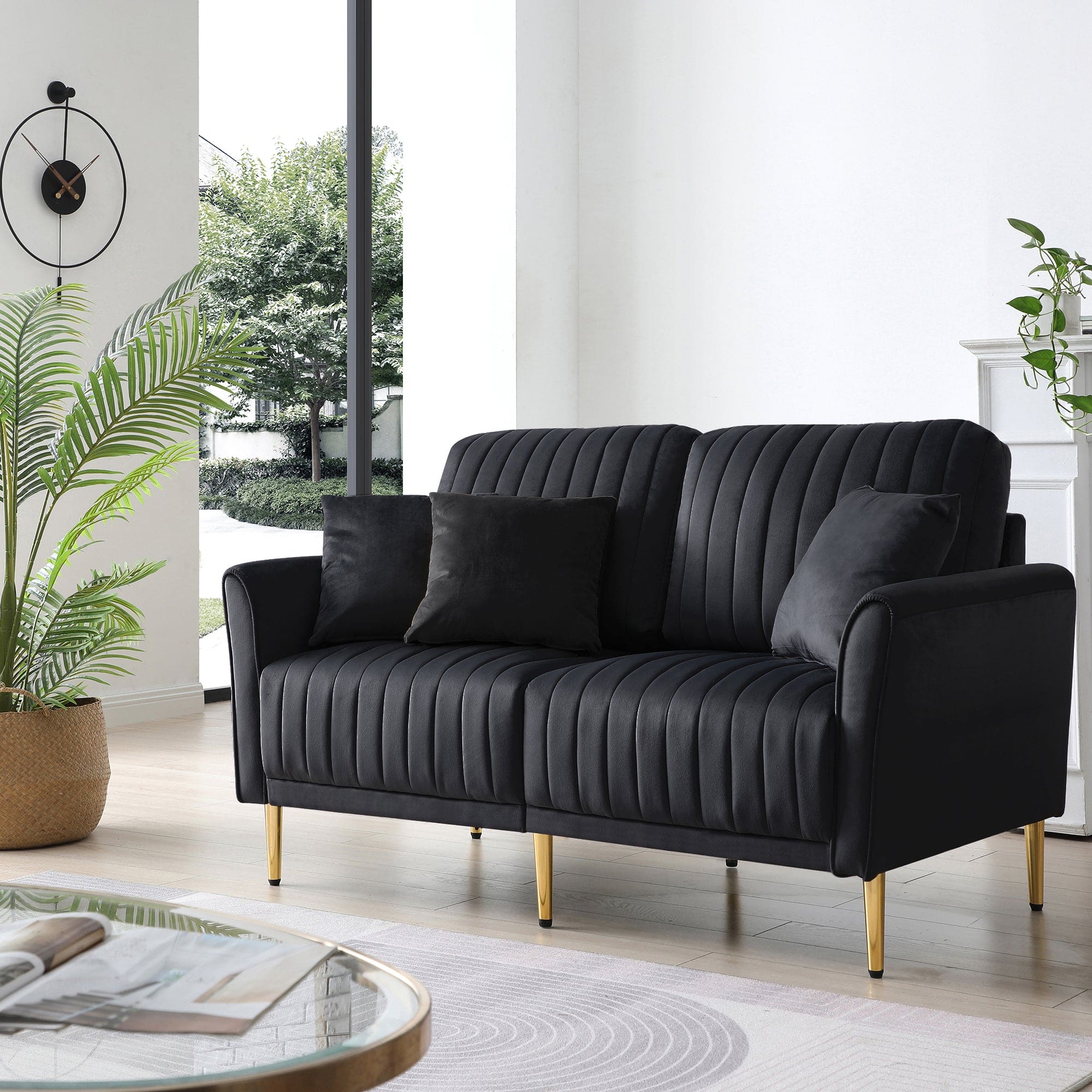 Modern Velvet 2-Seater Sofa, Upholstered Sofa with Metal Legs, 2-Seater Sofa Furniture for Small Spaces, Living Room, Bedroom, Office (Black)