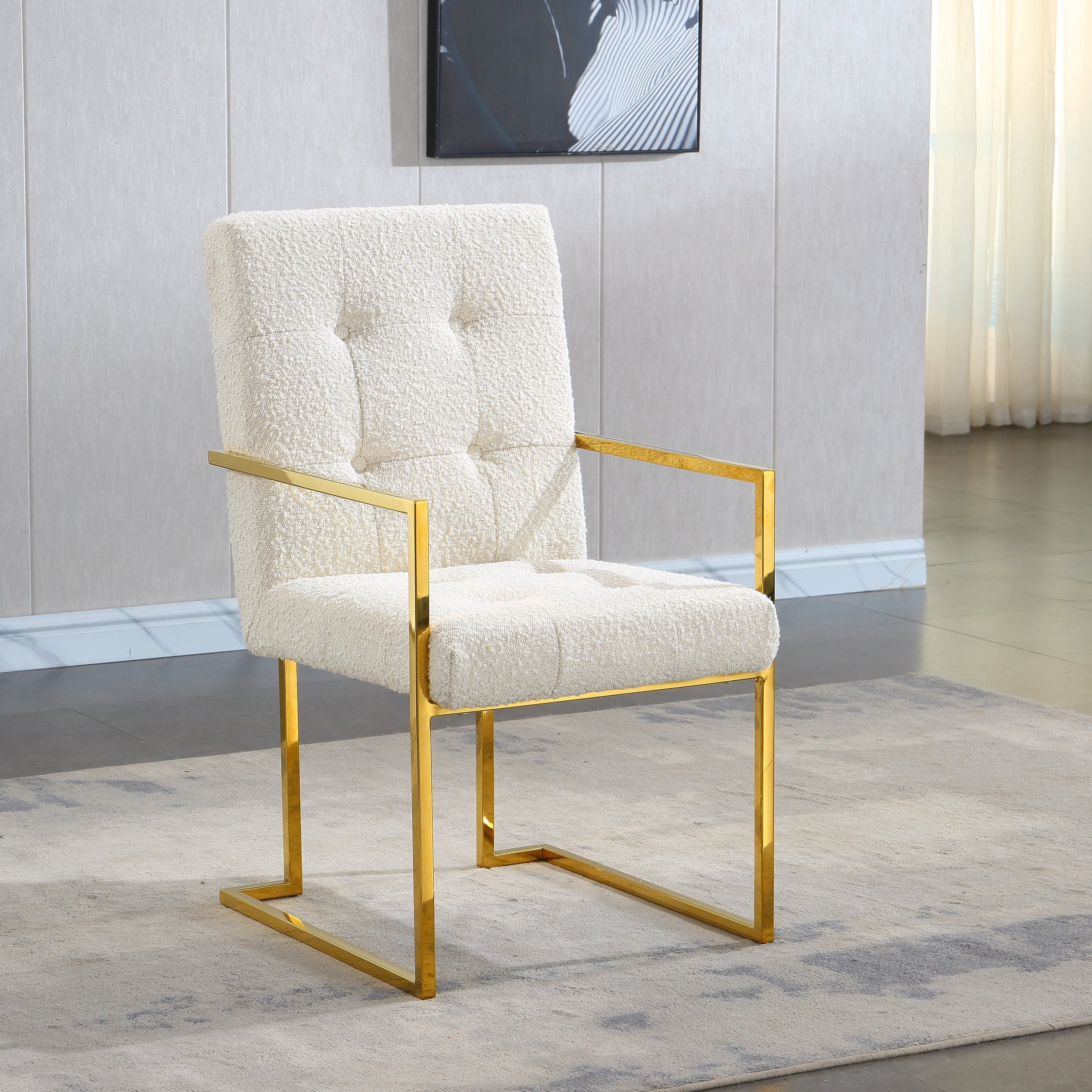 Modern Linen Dining Arm Chair Set of 1, Tufted Design and Gold Finish Stainless Base