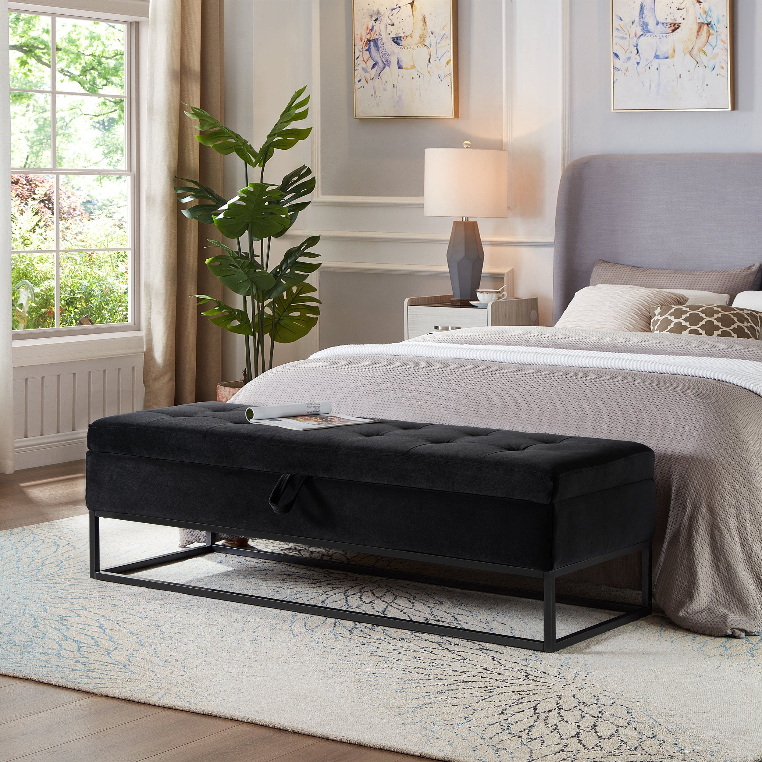 58.6" Bed Bench Metal Base with Storage Black Velvet