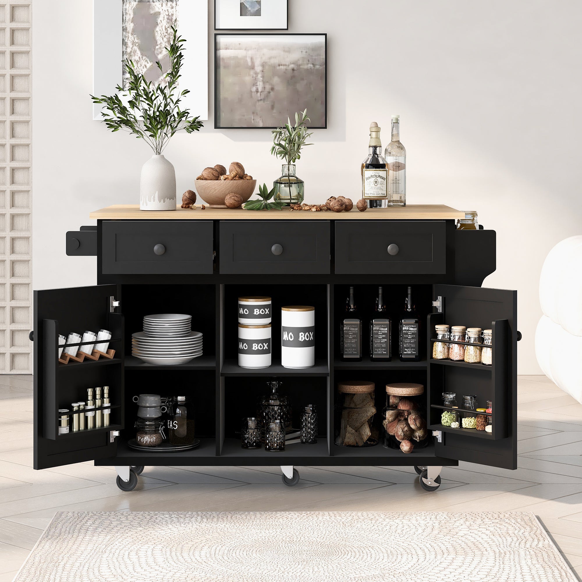 Kitchen Cart with Rubber wood Drop-Leaf Countertop ,Cabinet door internal storage racks,Kitchen Island on 5 Wheels with Storage Cabinet and 3 Drawers for Dinning Room, Black