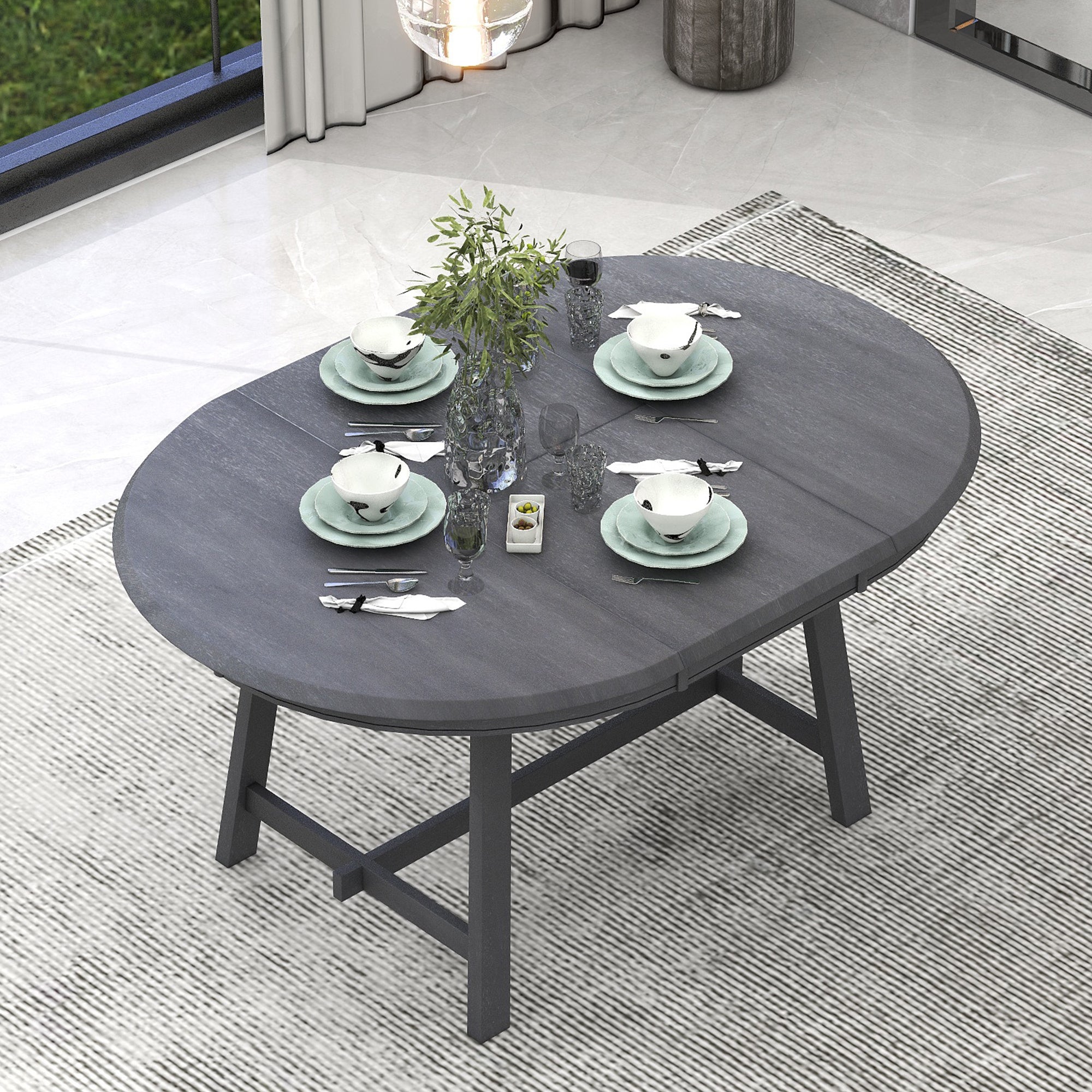 TREXM Wood Dining Table Round Extendable Dining Table for Dining Room (Gray)