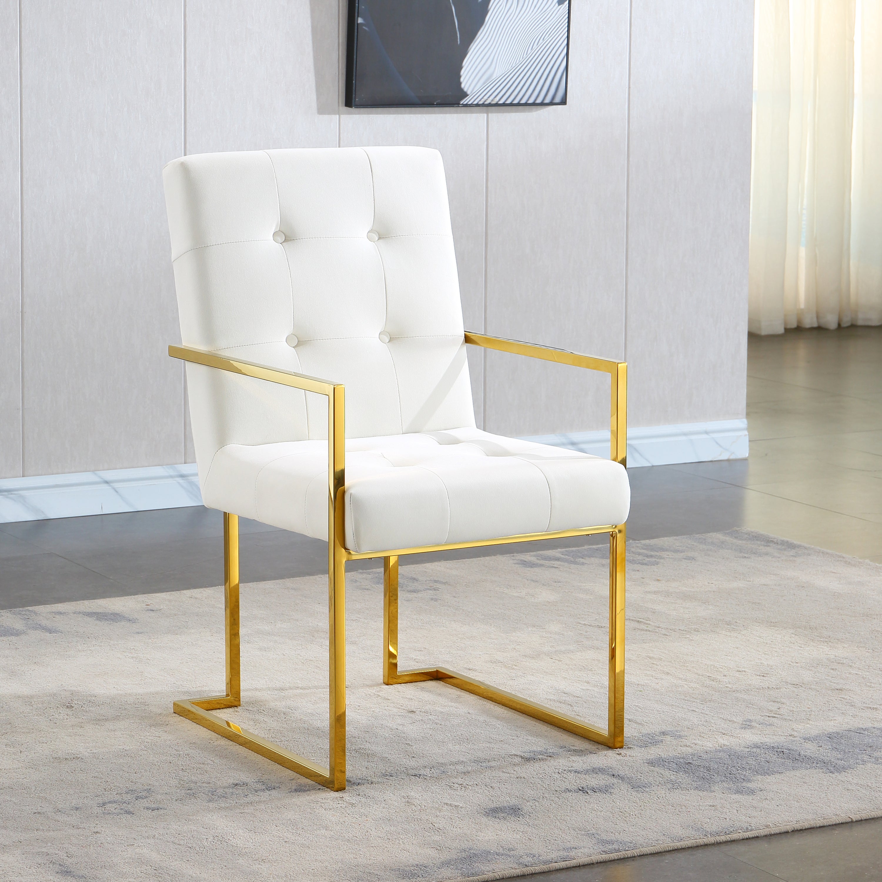 Modern Velvet Dining Arm Chair Set of 1, Tufted Design and Gold Finish Stainless Base