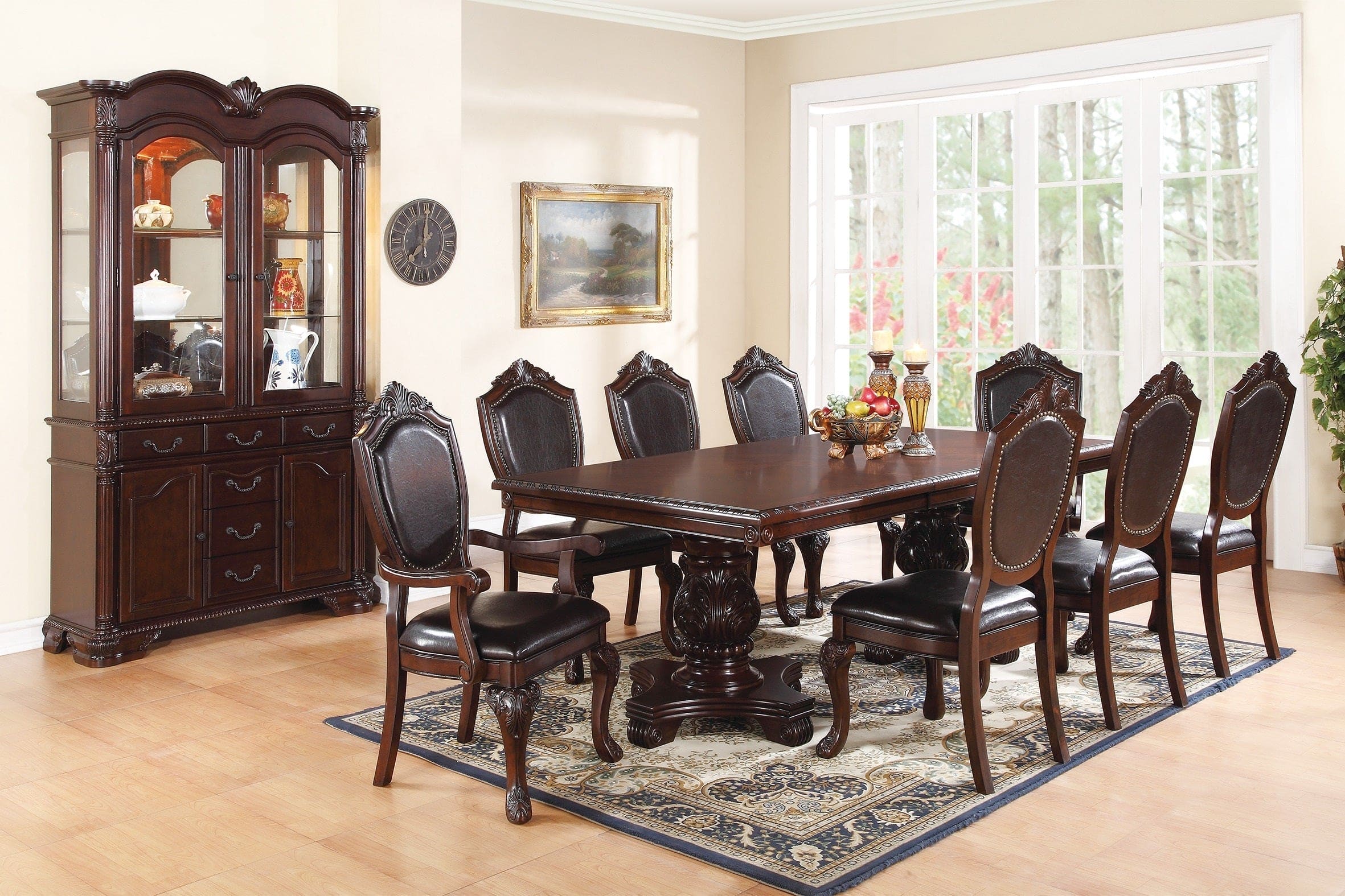 Formal Dining Room Table w Leaf 2x Arm Chairs And 6x Side Chairs Brown 9pc Set Dining Table Double Pedestal Base Royal Rectangle Table