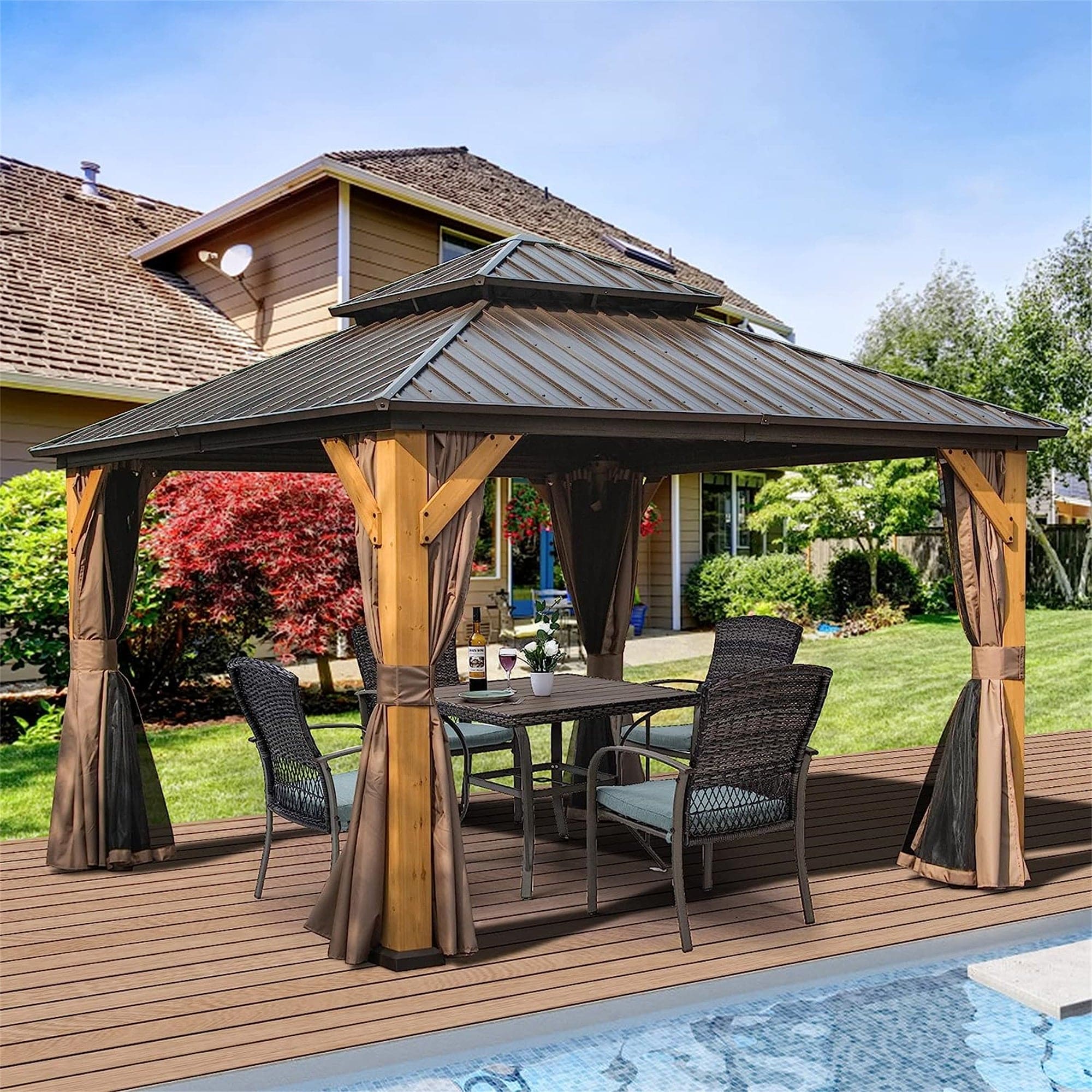 12'x12' Hardtop Gazebo, Outdoor Cedar Wood Frame Canopy with Galvanized Steel Double Roof, Outdoor Permanent Metal Pavilion with Curtains and Netting for Patio, Backyard and Lawn(Brown)