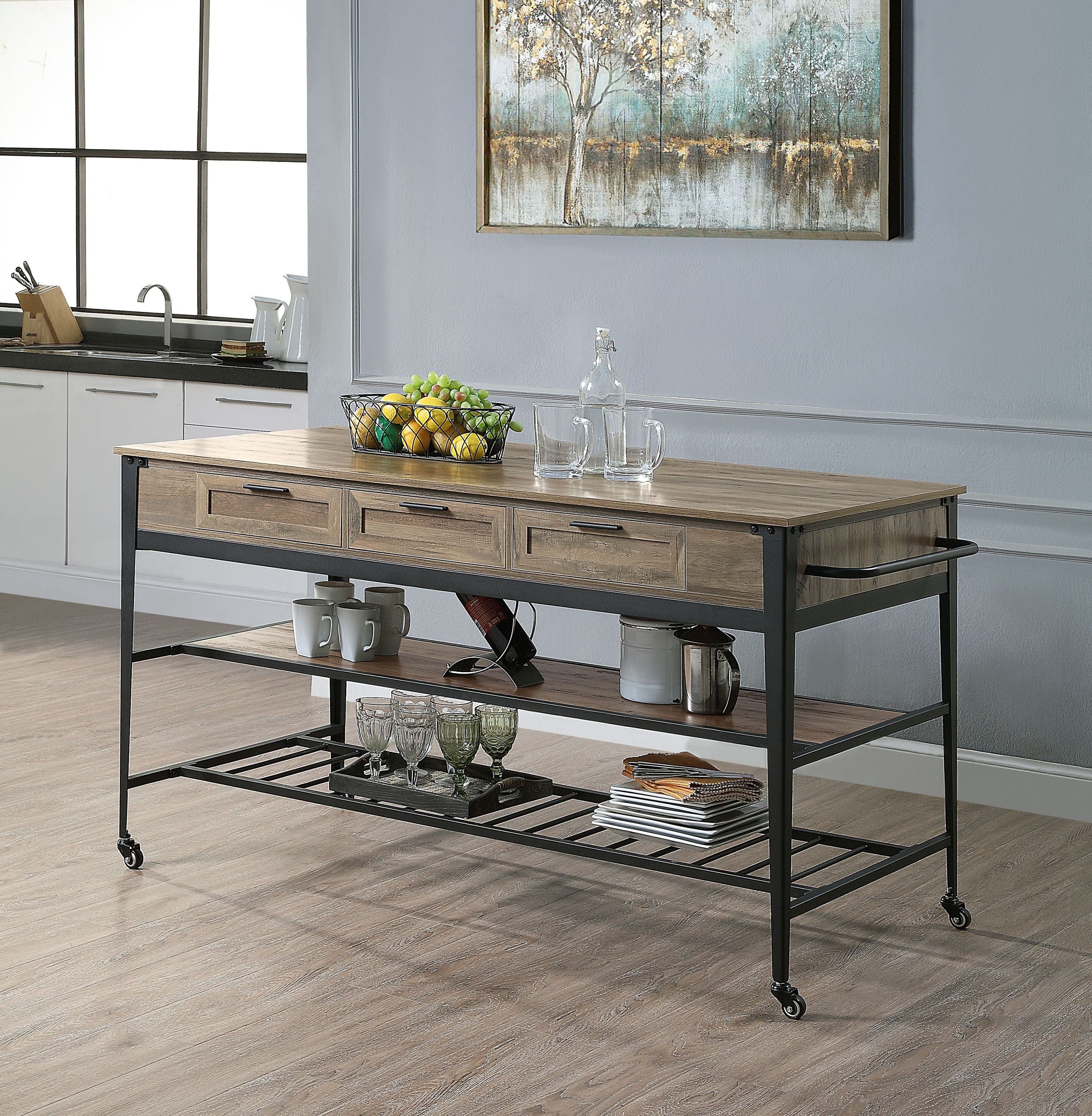 ACME Macaria Kitchen Island, Rustic Oak & Black Finish AC00402