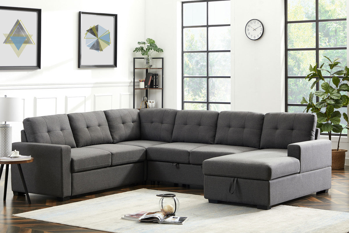 Selene Dark Gray Linen Fabric Sleeper Sectional Sofa with Storage Chaise