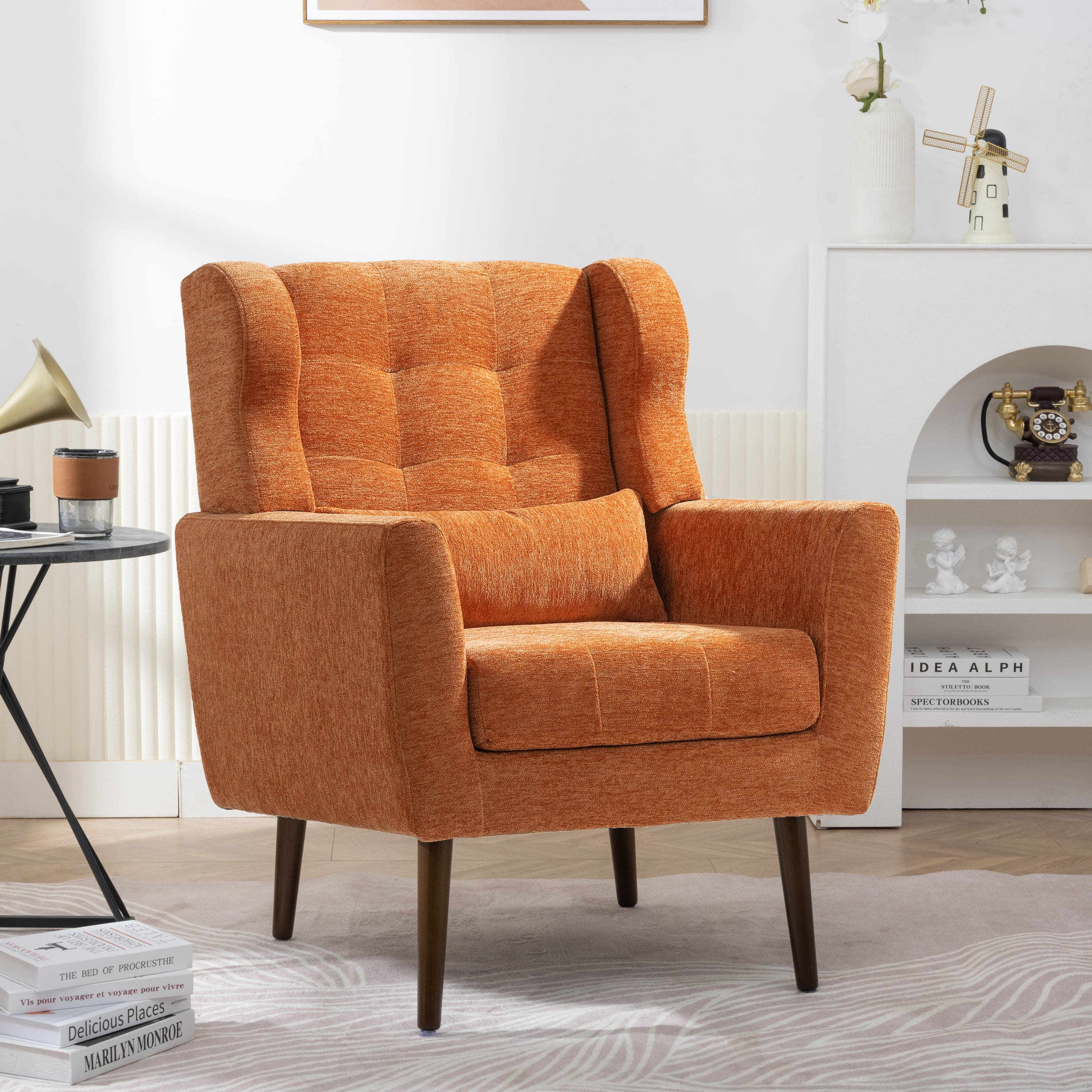 Modern Accent Chair Upholstered Foam Filled Living Room Chairs Comfy Reading Chair Mid Century Modern Chair with Chenille Fabric Lounge Arm Chairs Armchair for Living Room Bedroom (Orange)