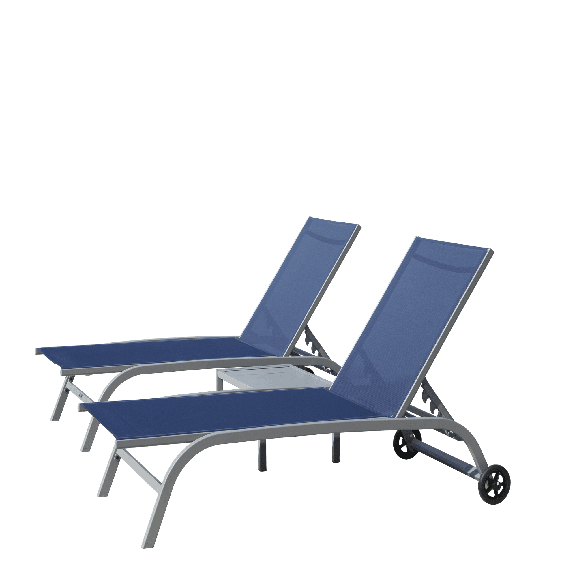 Chaise Lounge Outdoor Set of 3, Lounge Chairs for Outside with Wheels, Outdoor Lounge Chairs with 5 Adjustable Position, Pool Lounge Chairs for Patio, Beach(Blue, 2 Lounge Chairs+1 Table)