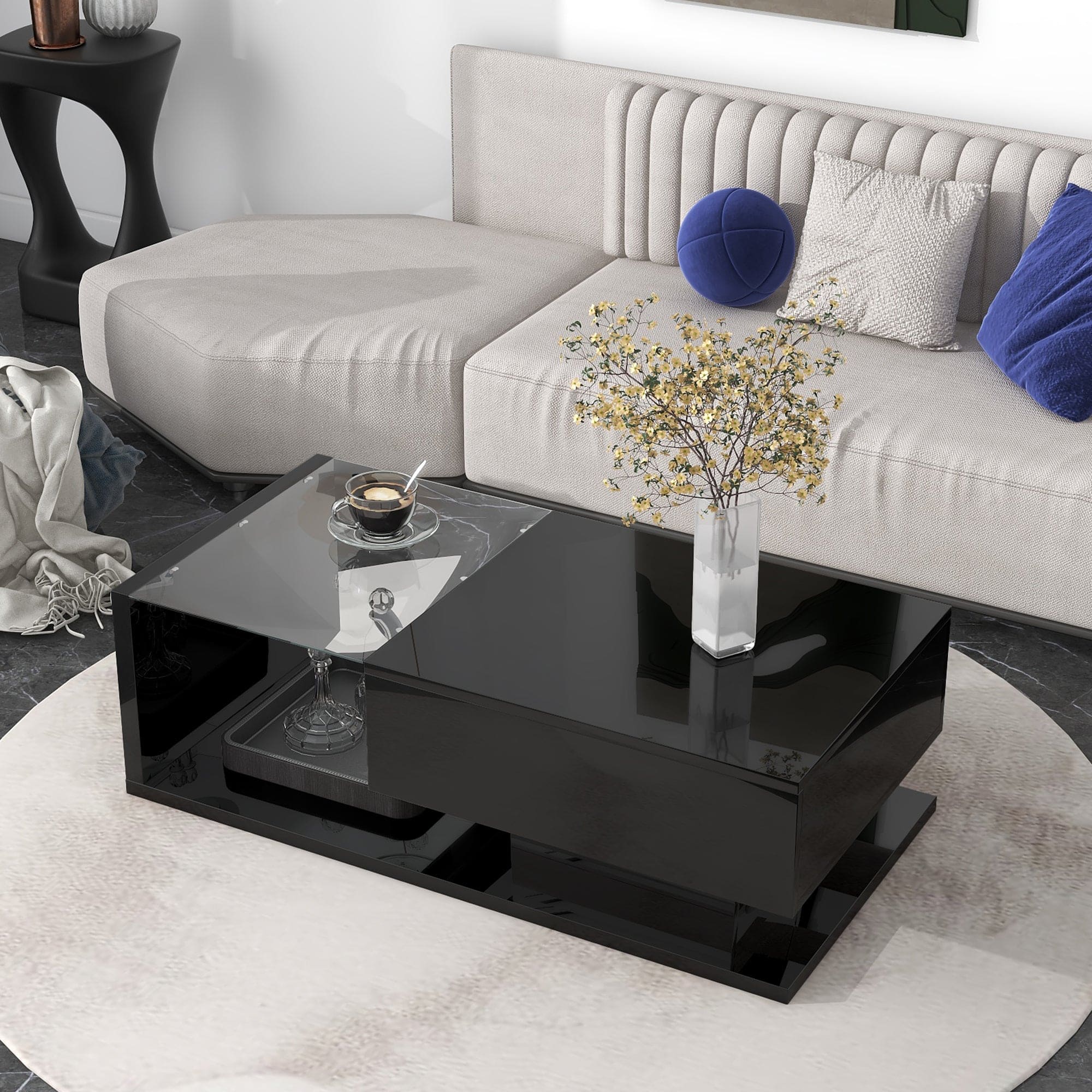 ON-TREND Modern Coffee Table with Tempered Glass, Wooden Cocktail Table with High-gloss UV Surface, Modernist 2-Tier Rectangle Center Table for Living Room, Black