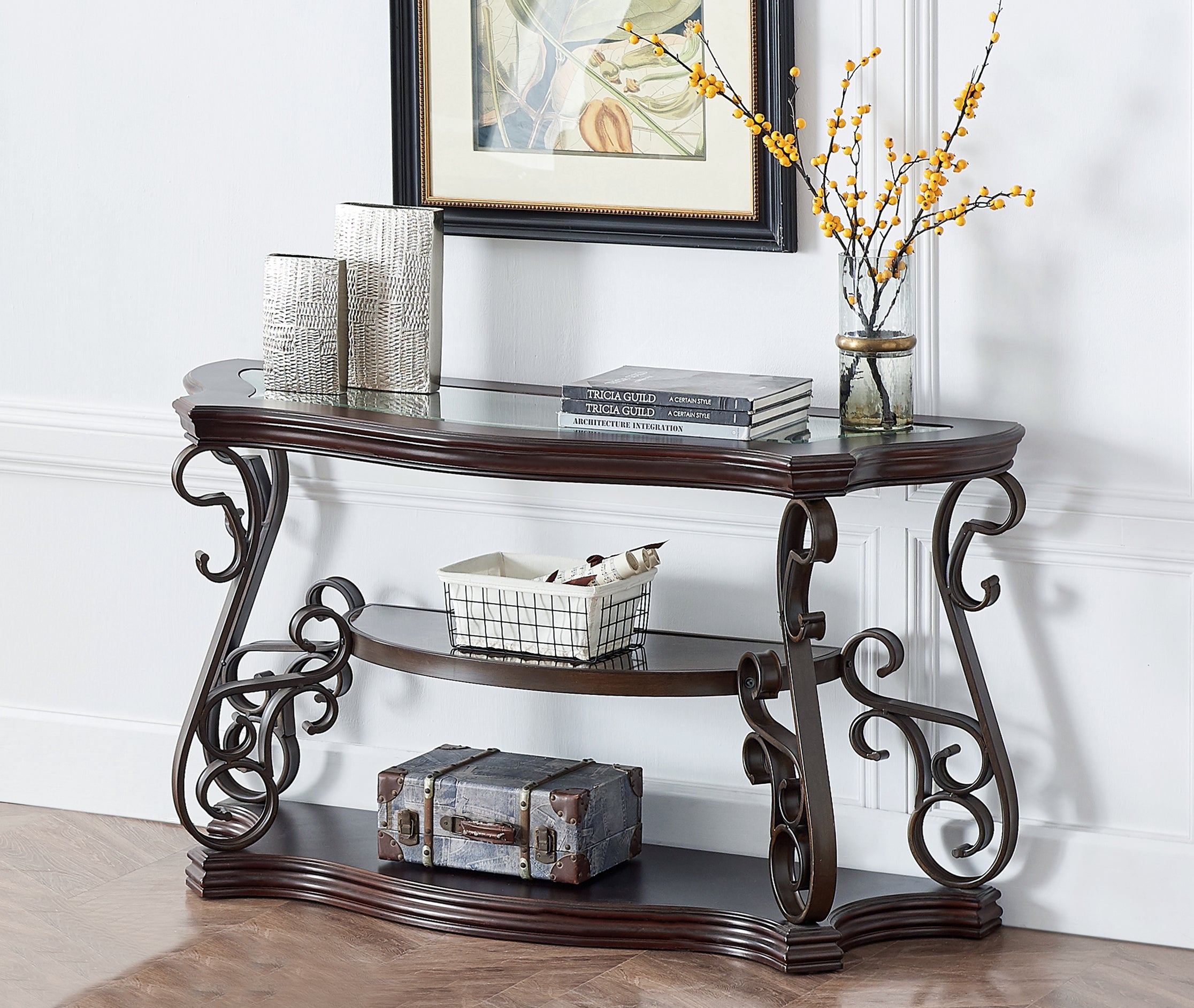 Sofa Table, Glass table top, MDF W/marble paper middle shelf, powder coat finish metal legs. (54"Lx20"Wx30"H)