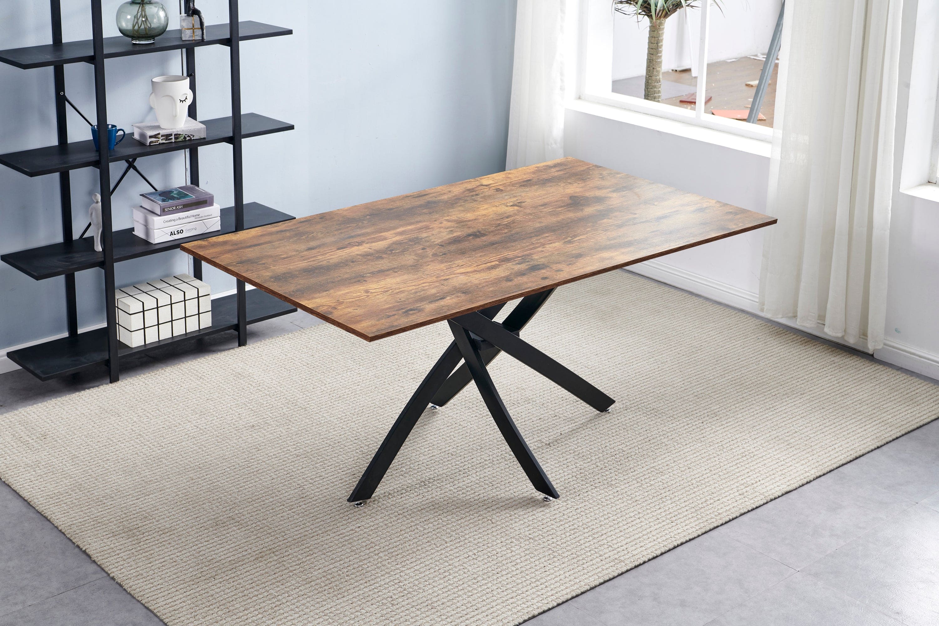 Rectangle MDF Dining Table, Printed Walnut Table Top and Black Metal Base