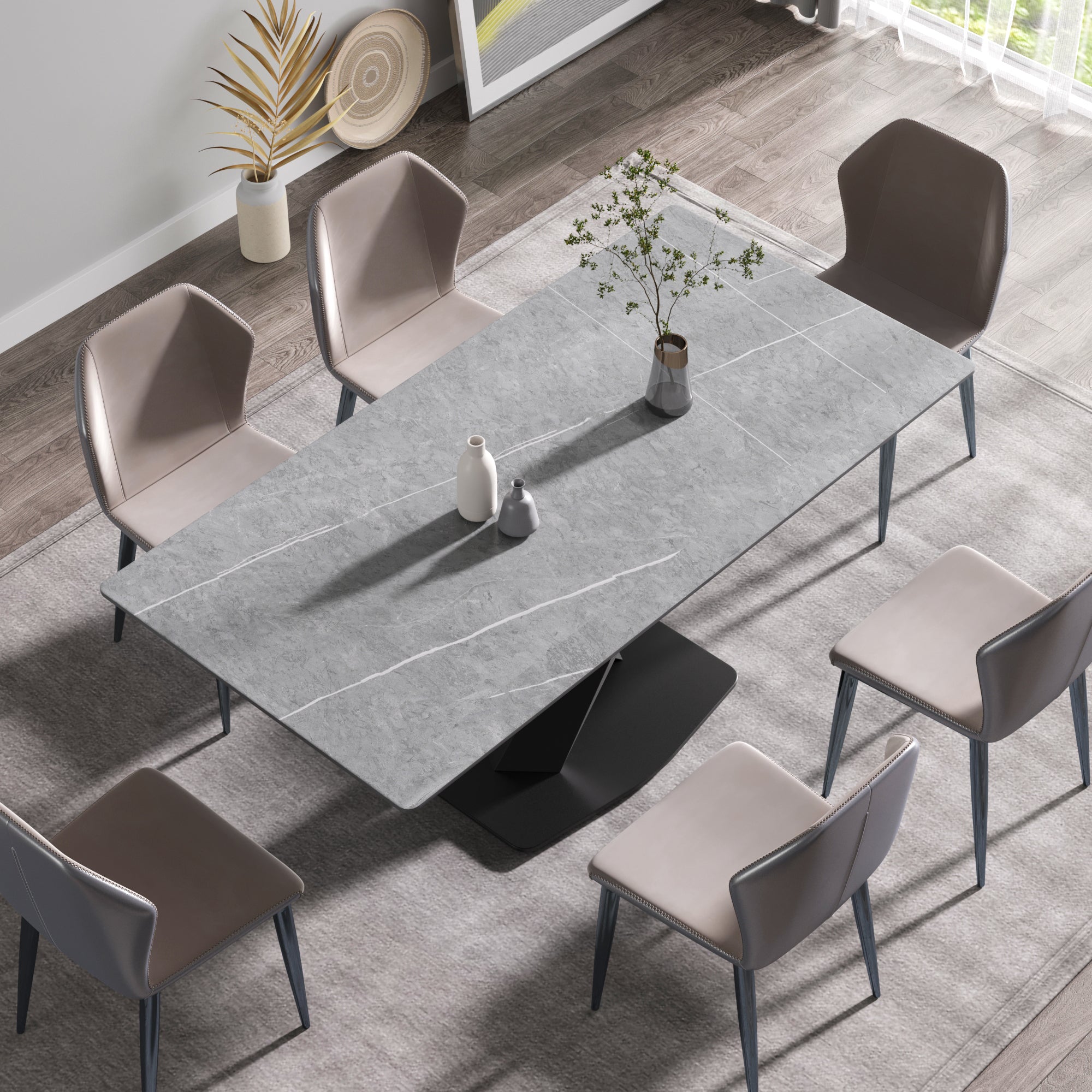 70.87" modern artificial stone gray straight edge black metal leg dining table-can accommodate 6-8 people