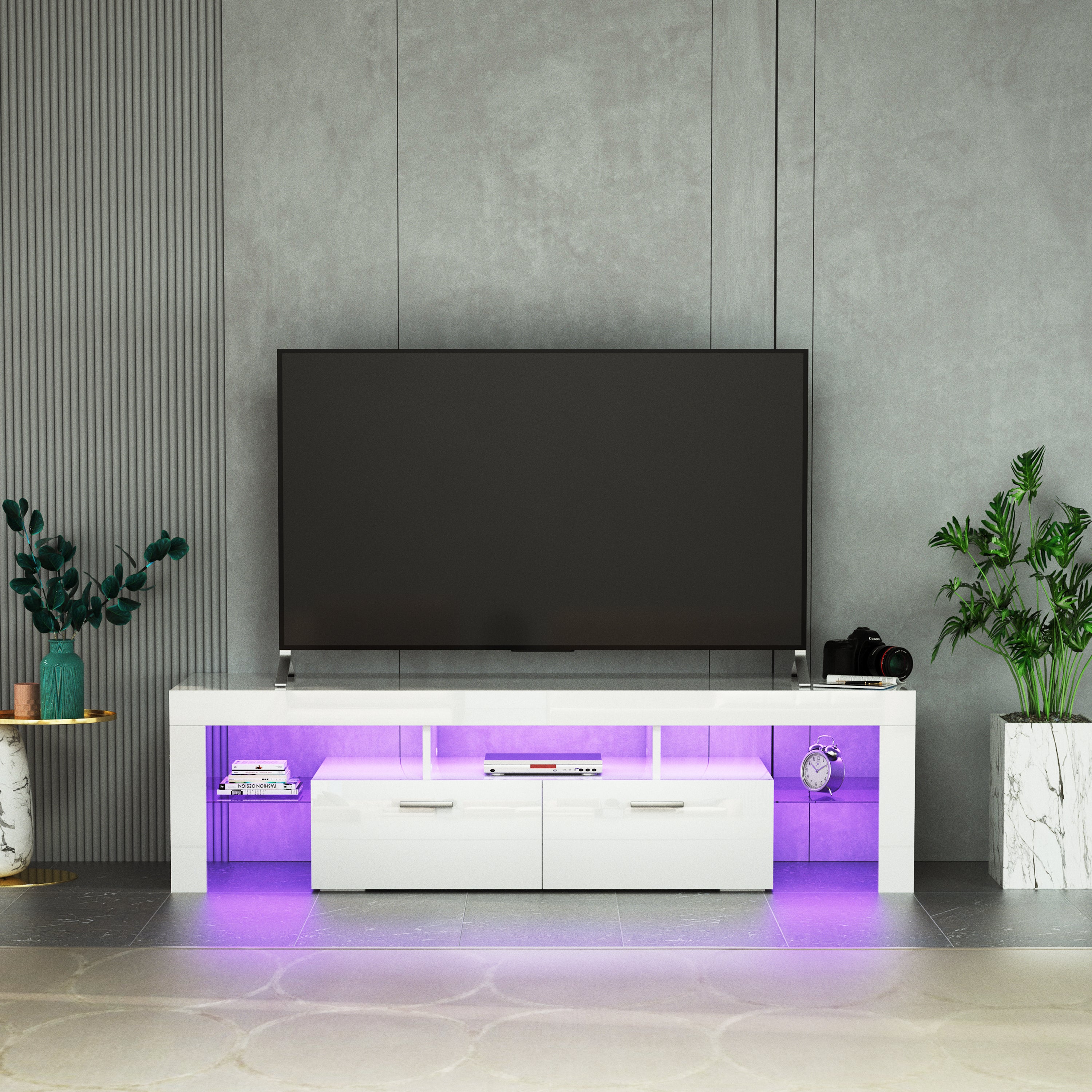 FashionTVstandTVcabinet,EntertainmentCenter,TVstationTV console,media console,with LEDlight belt,light belt remote control,toughenedglassshelf,metal handle,Canbeplaced in the living room,bedroom,White