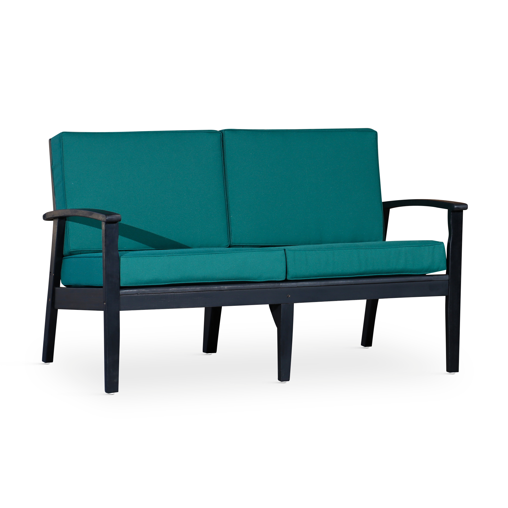 Eucalyptus Loveseat with Cushions, Espresso Finish, Dark Green Cushions