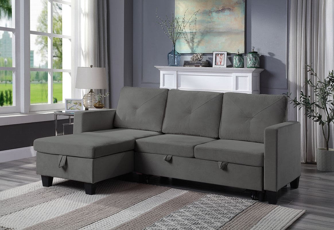 Nova Dark Gray Velvet Reversible Sleeper Sectional Sofa with Storage Chaise