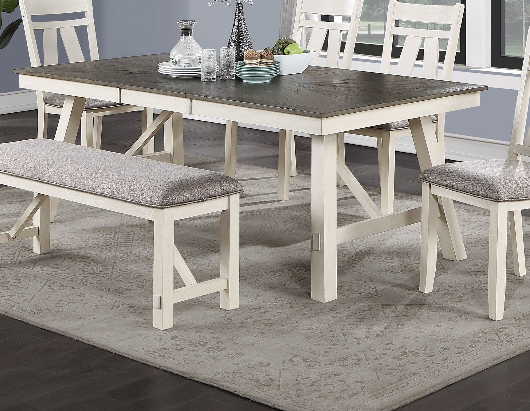 Dining Room Furniture Dining Table White Finish Table w Grey Wooden Top 1pc Rectangular Table with Leaf