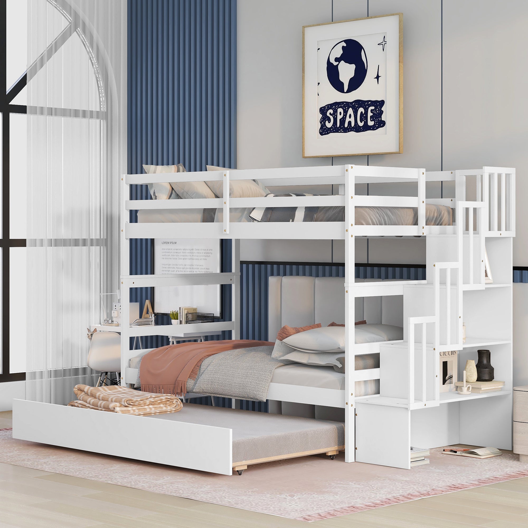 Twin over Twin Bunk Beds With Twin Trundle and Stairway Storage Function in White color