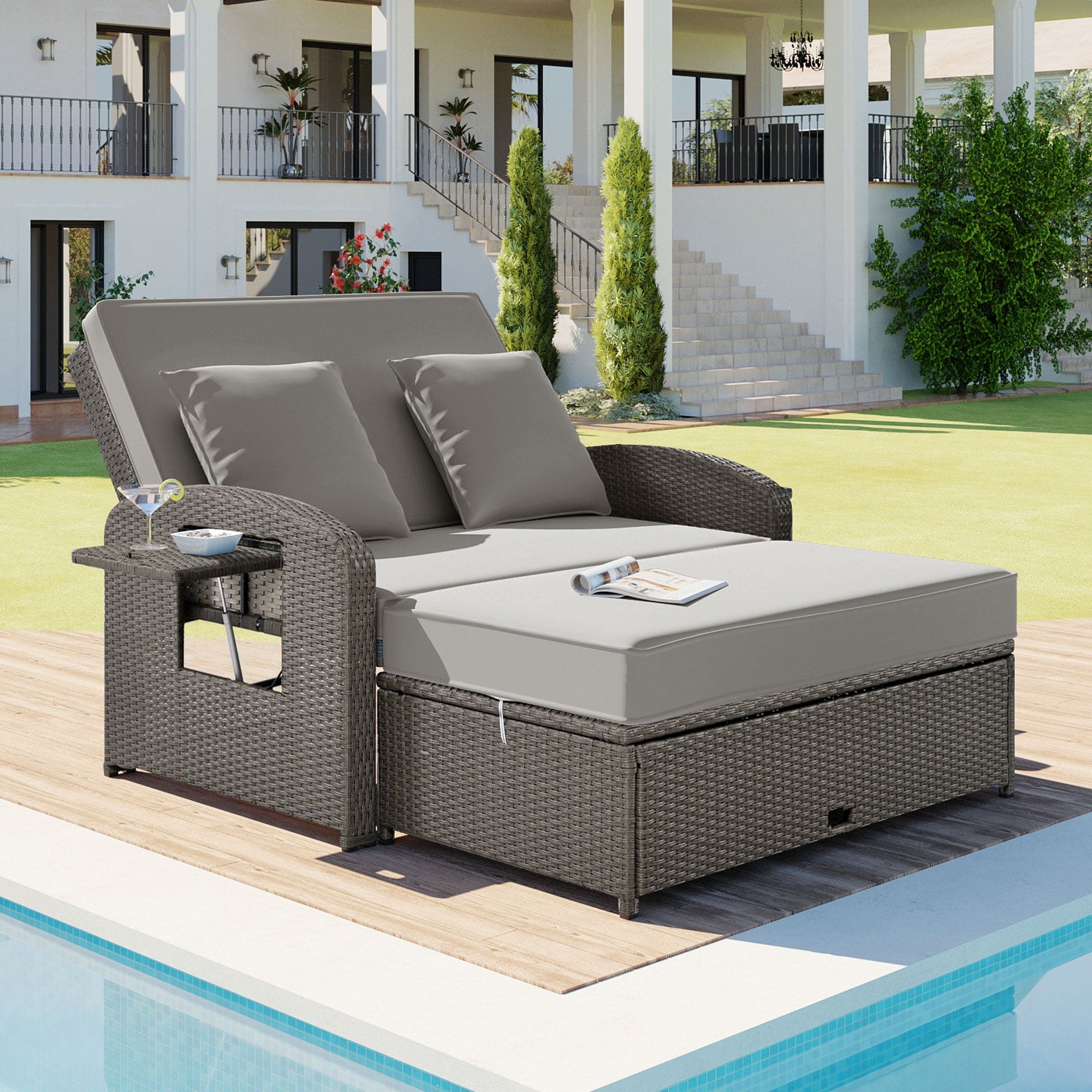 TOPMAX PE Wicker Rattan Double Chaise Lounge, 2-Person Reclining Daybed with Adjustable Back and Cushions, Free Furniture Protection Cover,Gray