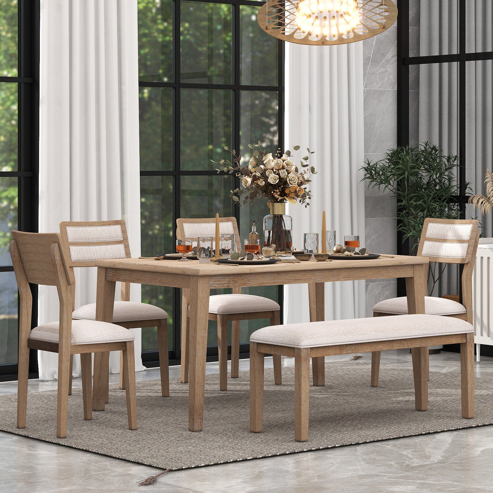 TREXM Classic and Traditional Style 6 - Piece Dining Set, Includes Dining Table, 4 Upholstered Chairs & Bench (Natural Wood Wash)