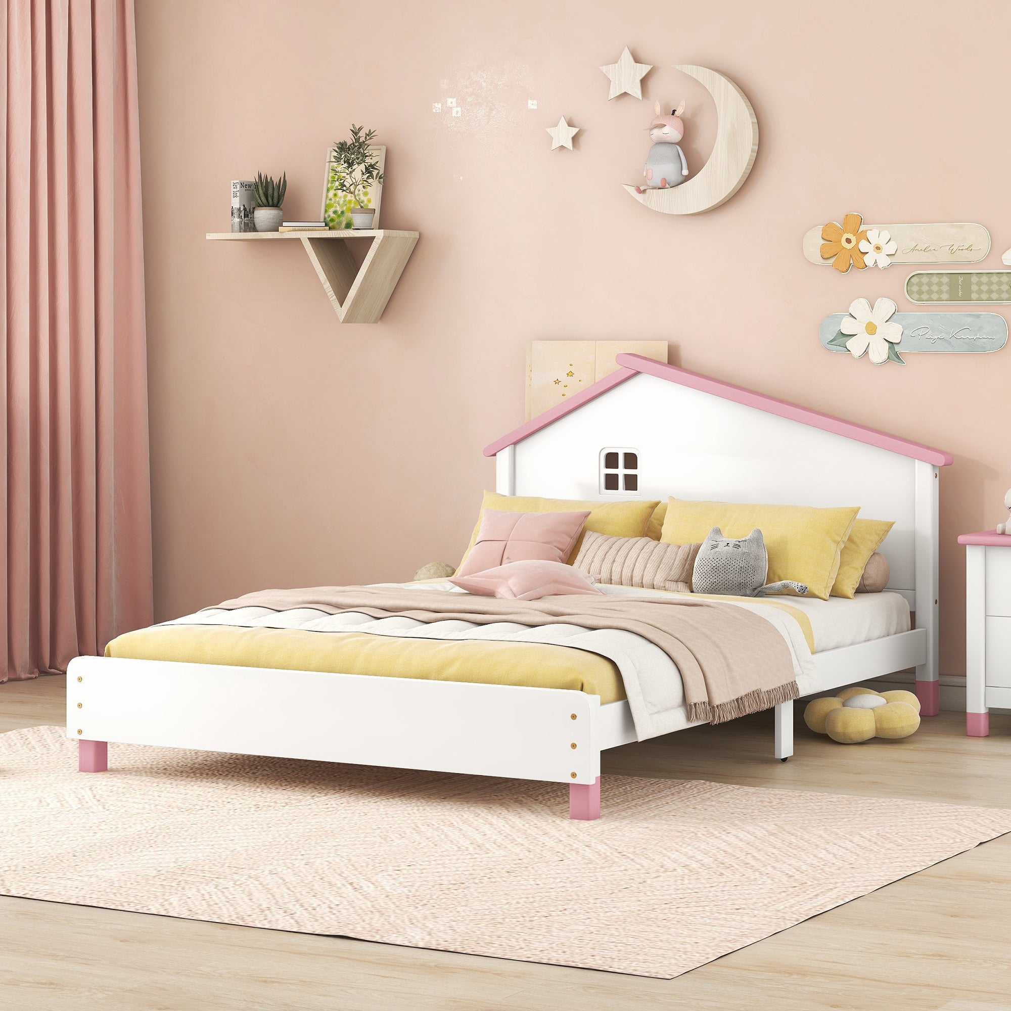 Full Size Wood Platform Bed with House-shaped Headboard  (White+Pink)