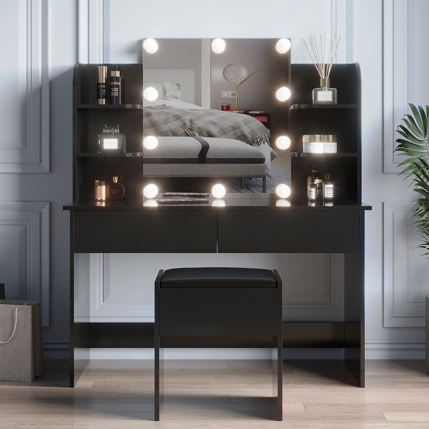 Modern Dressing table with 2 Drawers, 4 open shelves Rectangular Makeup Table with Mirror, 10-lamp bulb,,42.52*15.75* 52.76inch,for Bedroom, Black