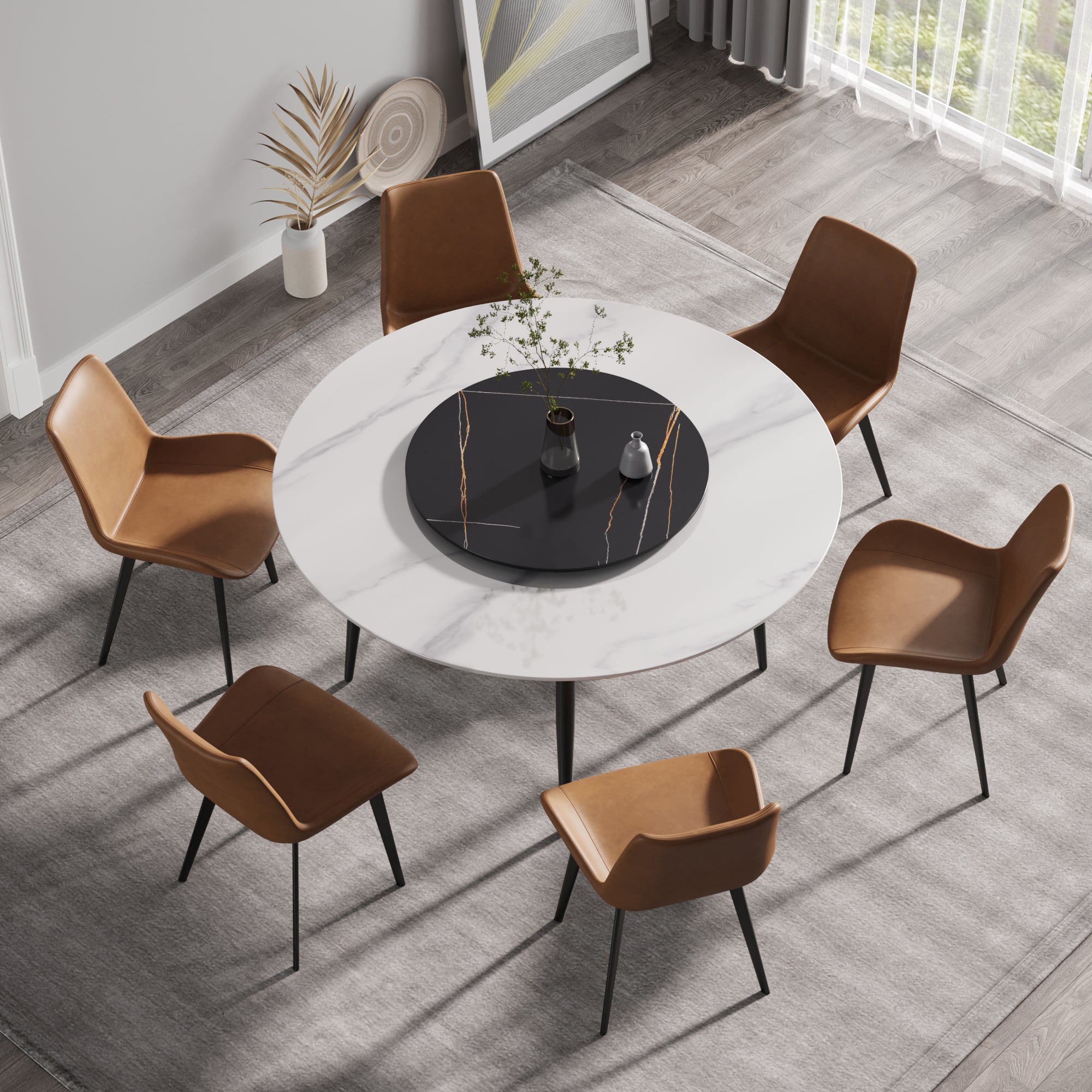 59.05"Modern artificial stone round black metal dining table-can accommodate 6 people-31.5"black artificial stone turntable