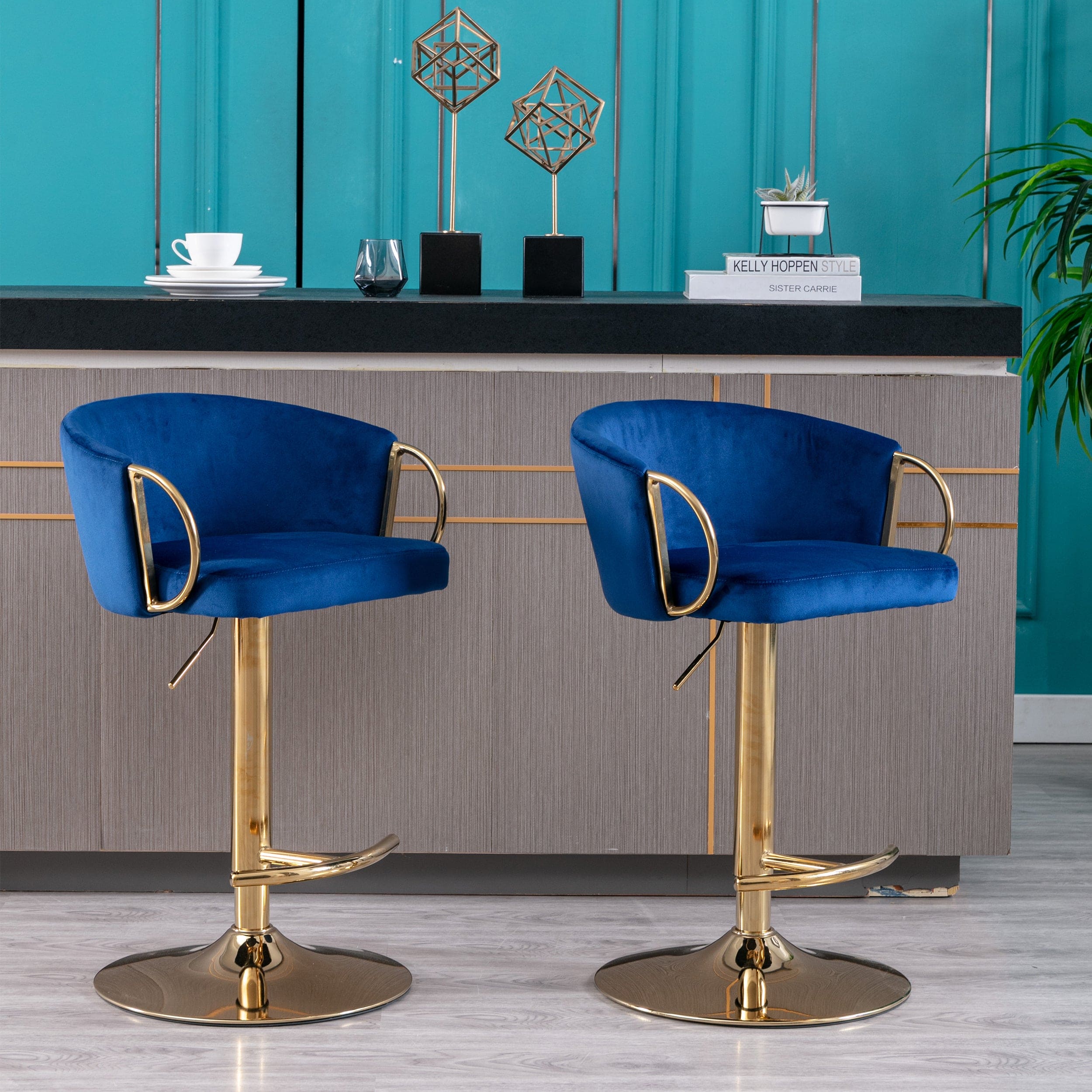 Set of 2  Bar Stools,with Chrome Footrest and Base Swivel Height Adjustable Mechanical Lifting Velvet + Golden Leg Simple Bar Stool-Navy