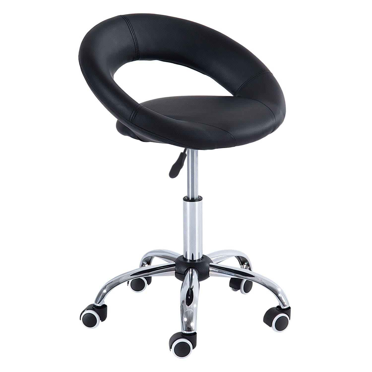 HOMCOM Crescent Rolling Salon Stool with Adjustable Height, Breathable Open Back, Foam Cushion Seat, and 5 Caster Wheels, Black