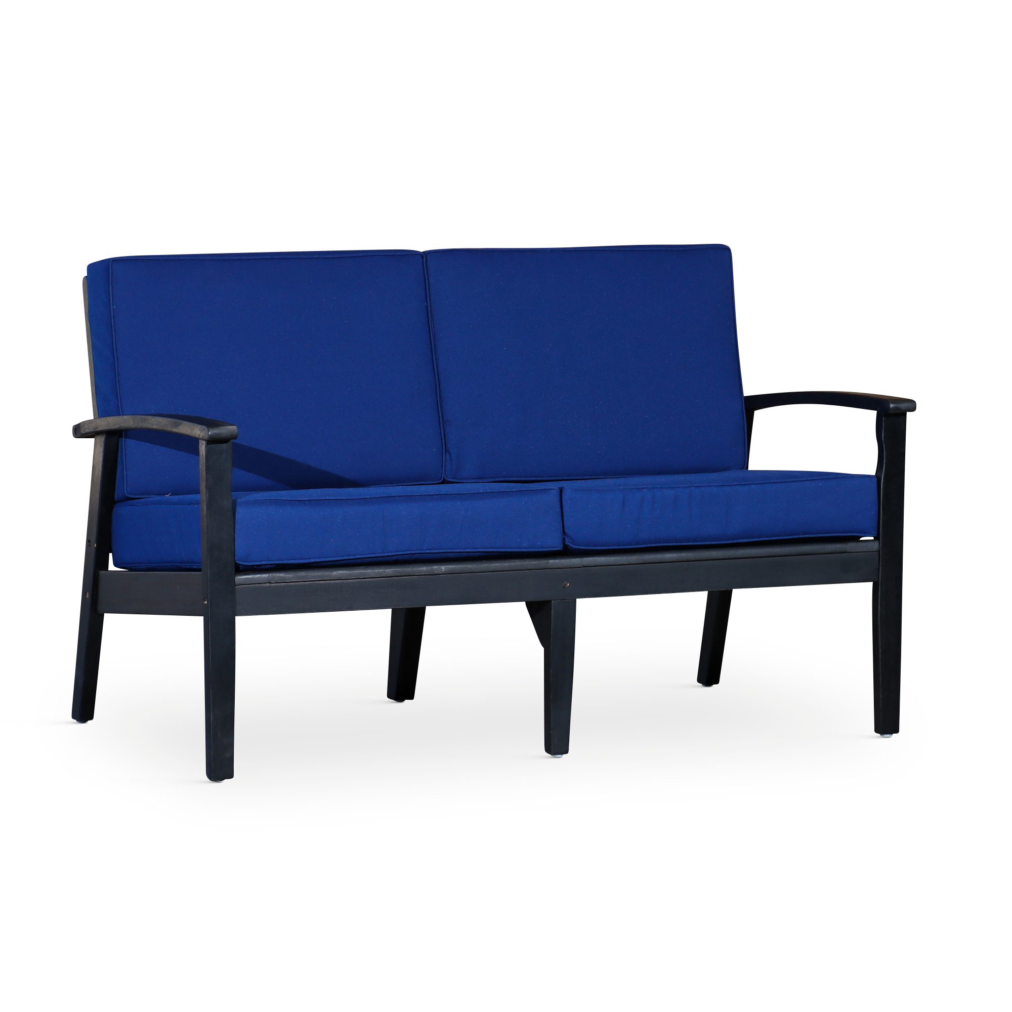 Eucalyptus Loveseat with Cushions, Espresso Finish, Navy Cushions