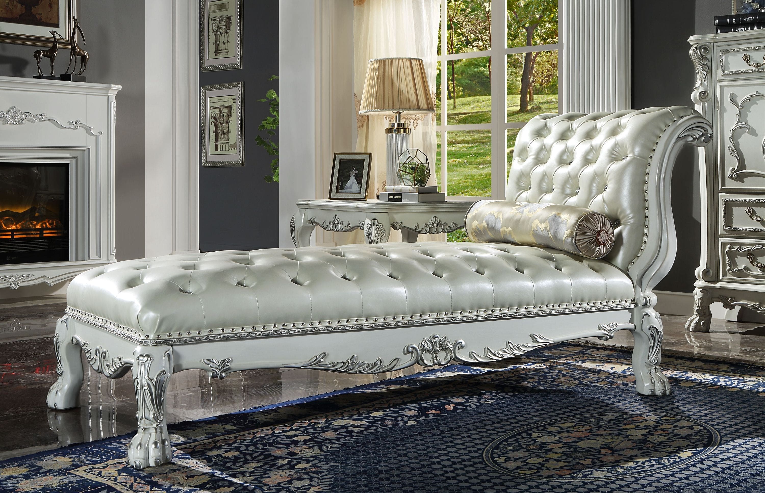 ACME Dresden  Chaise w/Pillow, Synthetic Leather & Bone White Finish AC01693