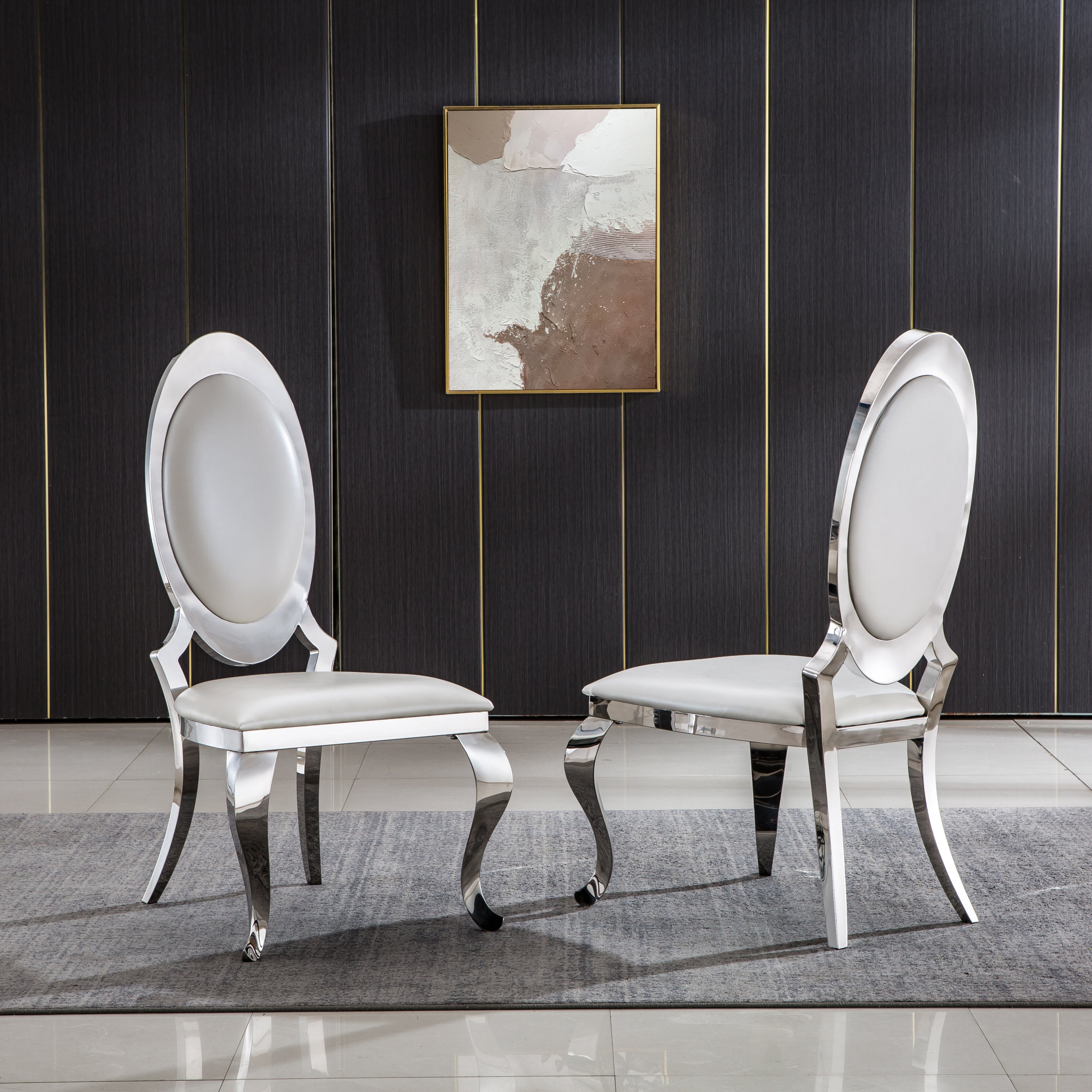 Leatherette Dining Chair with Oval Backrest Set of 2, Stainless Steel Legs