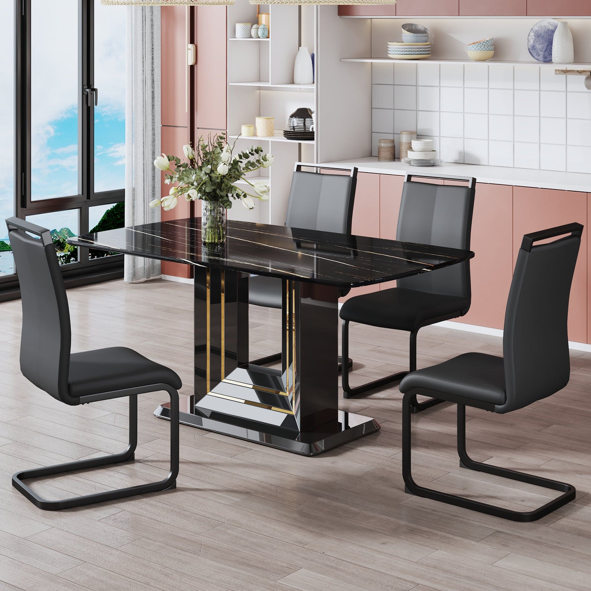 A table and four chairs. The table features a black imitation marble pattern tabletop and black gold MDF legs. The chair has a black PU backrest cushion and black metal legs. F-SQ  C-1162