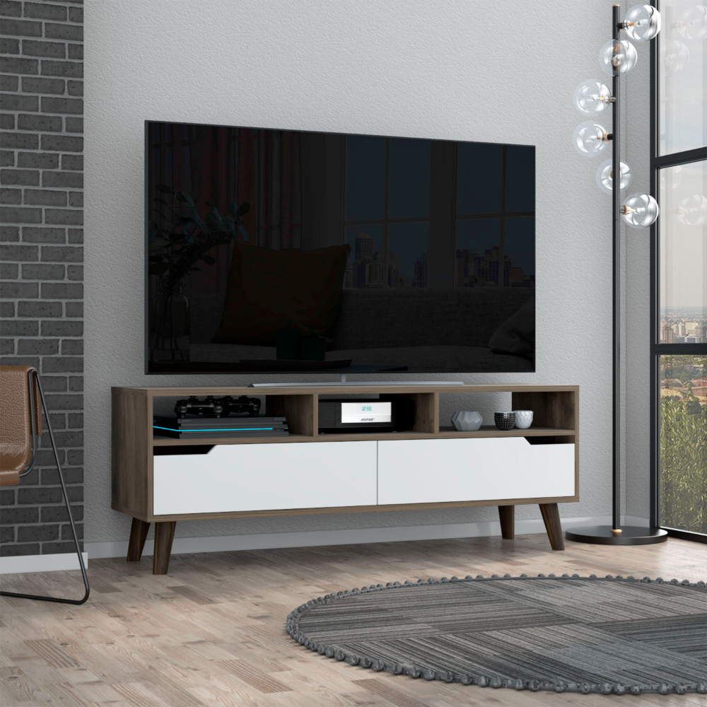 DEPOT E-SHOP Kobe Tv Stand for TV´s up 52", Three Open Shelves, Two Flexible Drawers, Dark Walnut / White