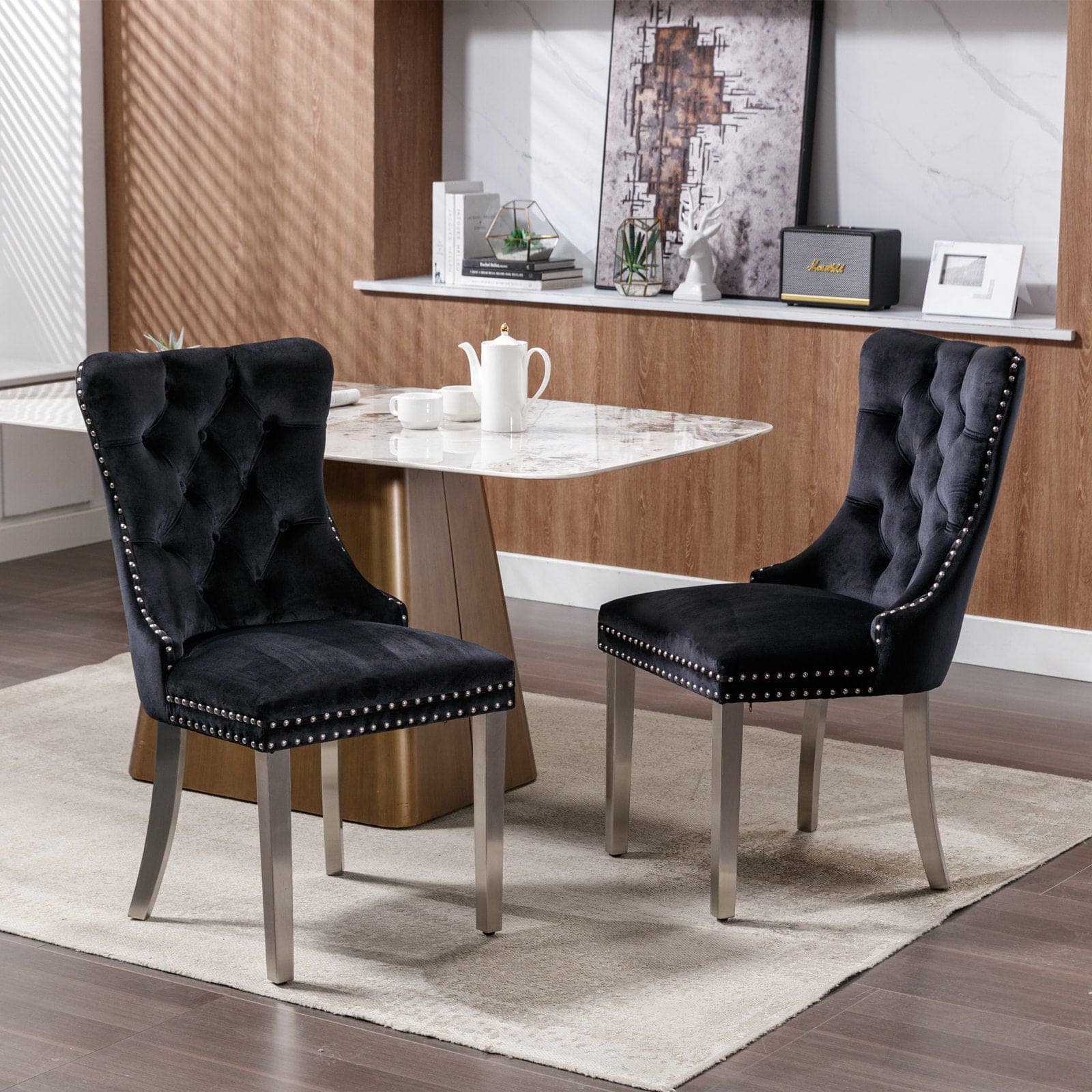 Nikki Collection Modern, High-end Tufted Solid Wood Contemporary Velvet Upholstered Dining Chair with Chrome Stainless Steel Plating Legs,Nailhead Trim,Set of 2,Black and Chrome, SW1701BK