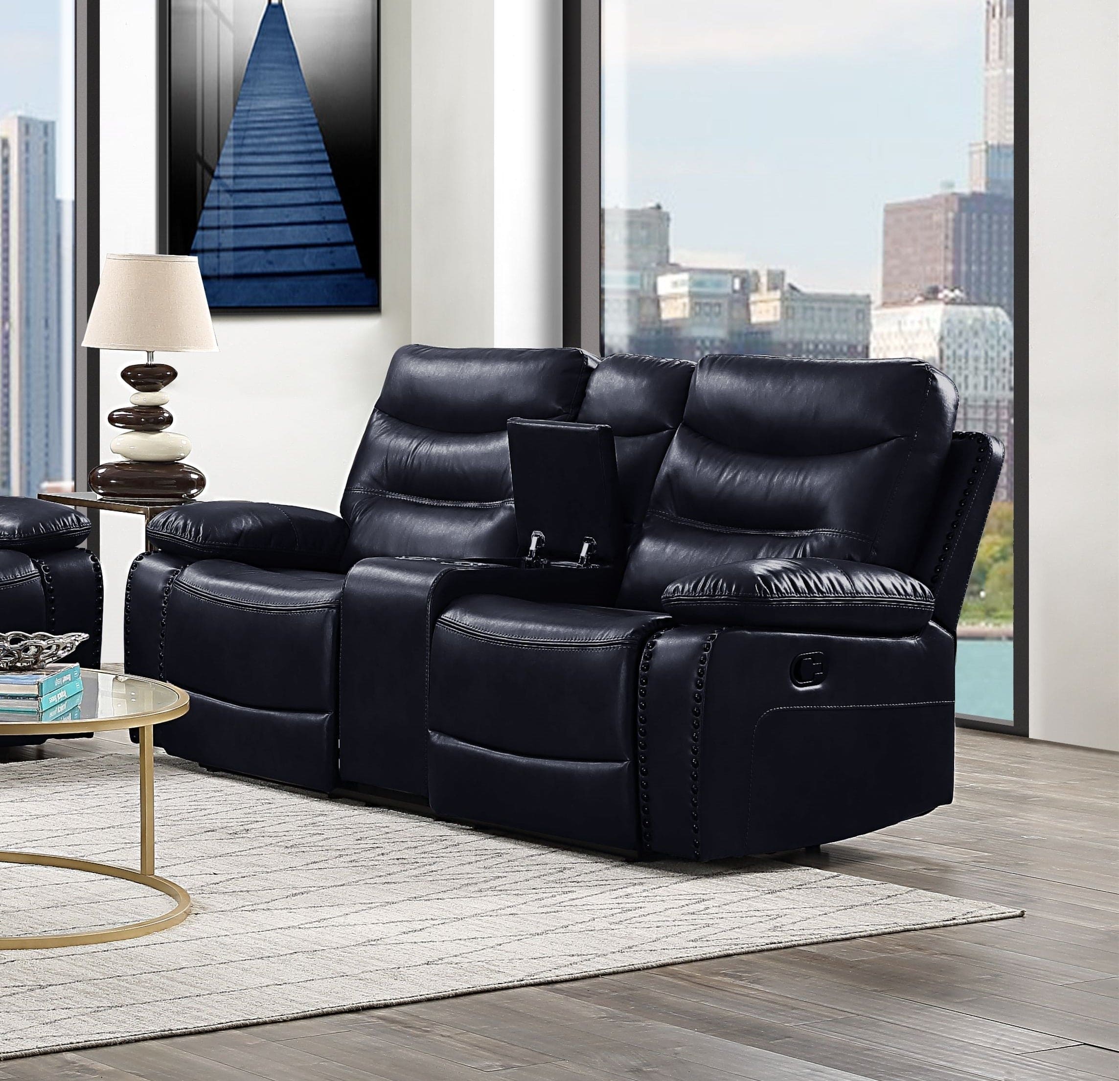 ACME Aashi Loveseat w/Console (Motion), Navy Leather-Gel Match 55371