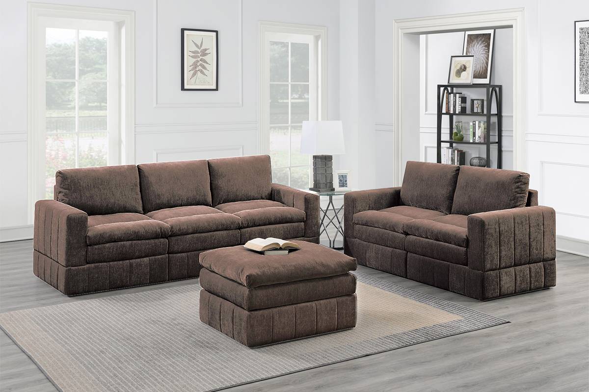 Contemporary 6pc Set Modular Sectional Set 4x One Arm Chair / Wedge 1x Armless Chairs 1x Ottoman Mink Morgan Fabric Plush Living Room Furniture