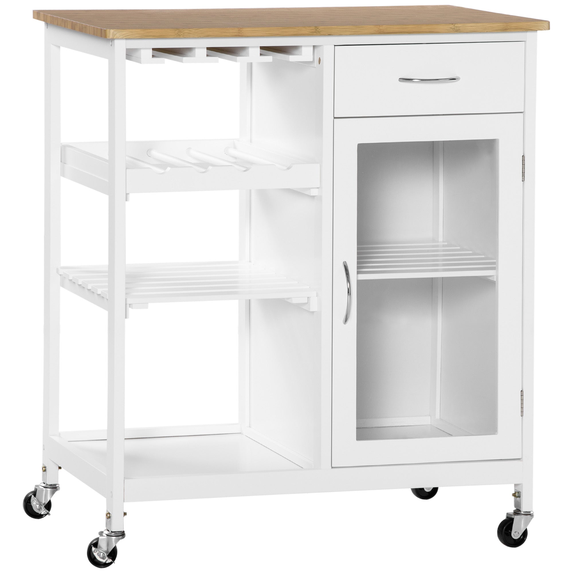 HOMCOM Rolling Kitchen Island with Storage, Kitchen Cart with 4-bottle Wine Rack, Bar Cart with Stemware Holder, Shelves, Drawer and Cabinet, White