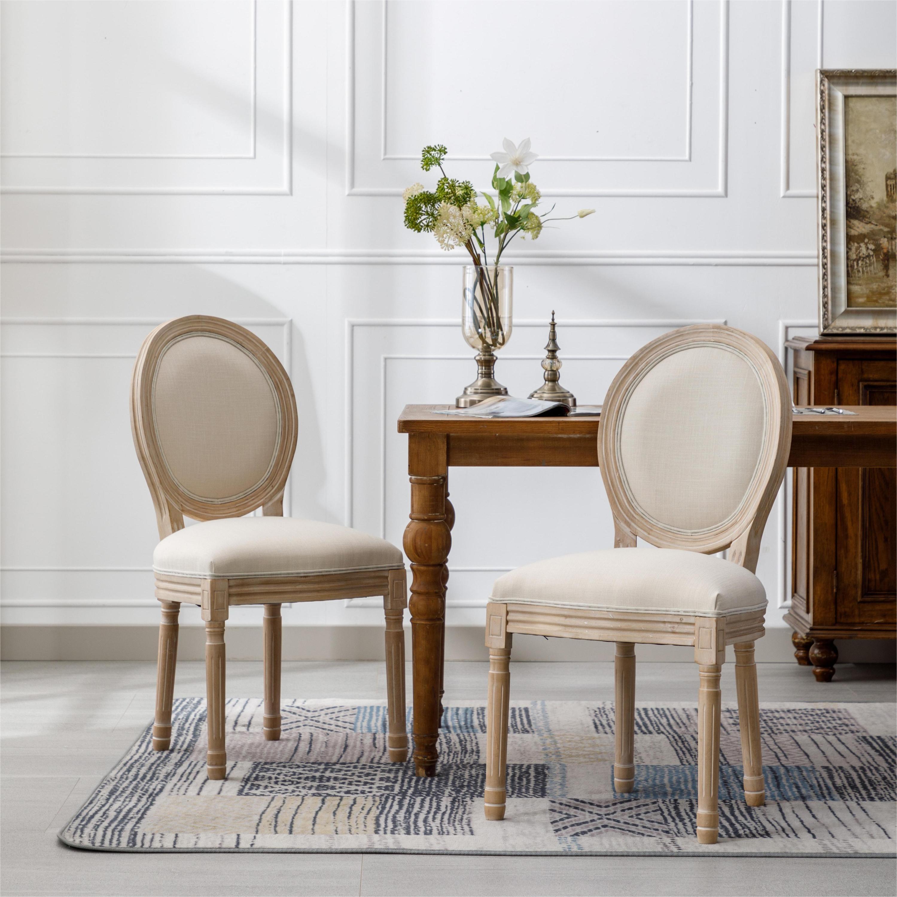 French Style Solid Wood Frame Antique Painting Linen Fabric Oval Back Dining Chair,Set of 2,Cream