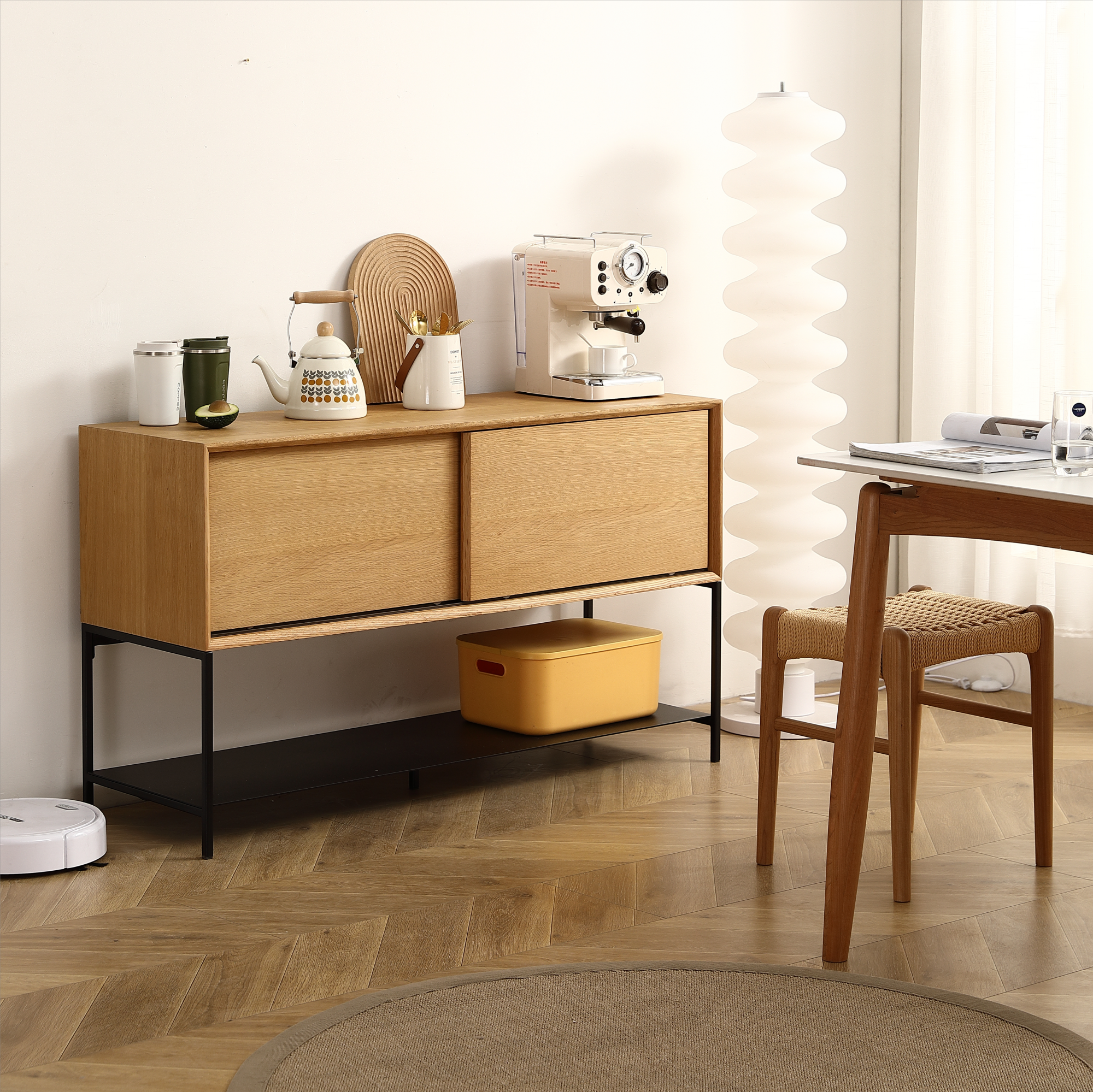 Sideboard Buffet Cabinet.White Rubber and MDF Two Door Sliding Cabinet for Dining Room, 47.24 inches