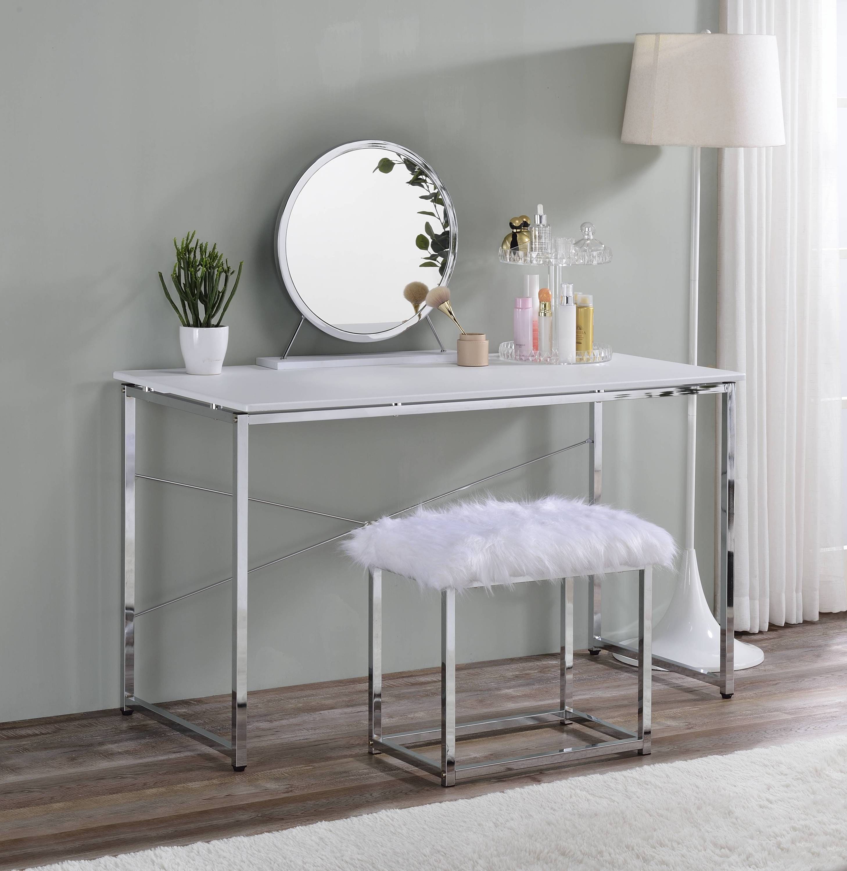 ACME Tennos Vanity Desk  in White & Chrome Finish AC00903