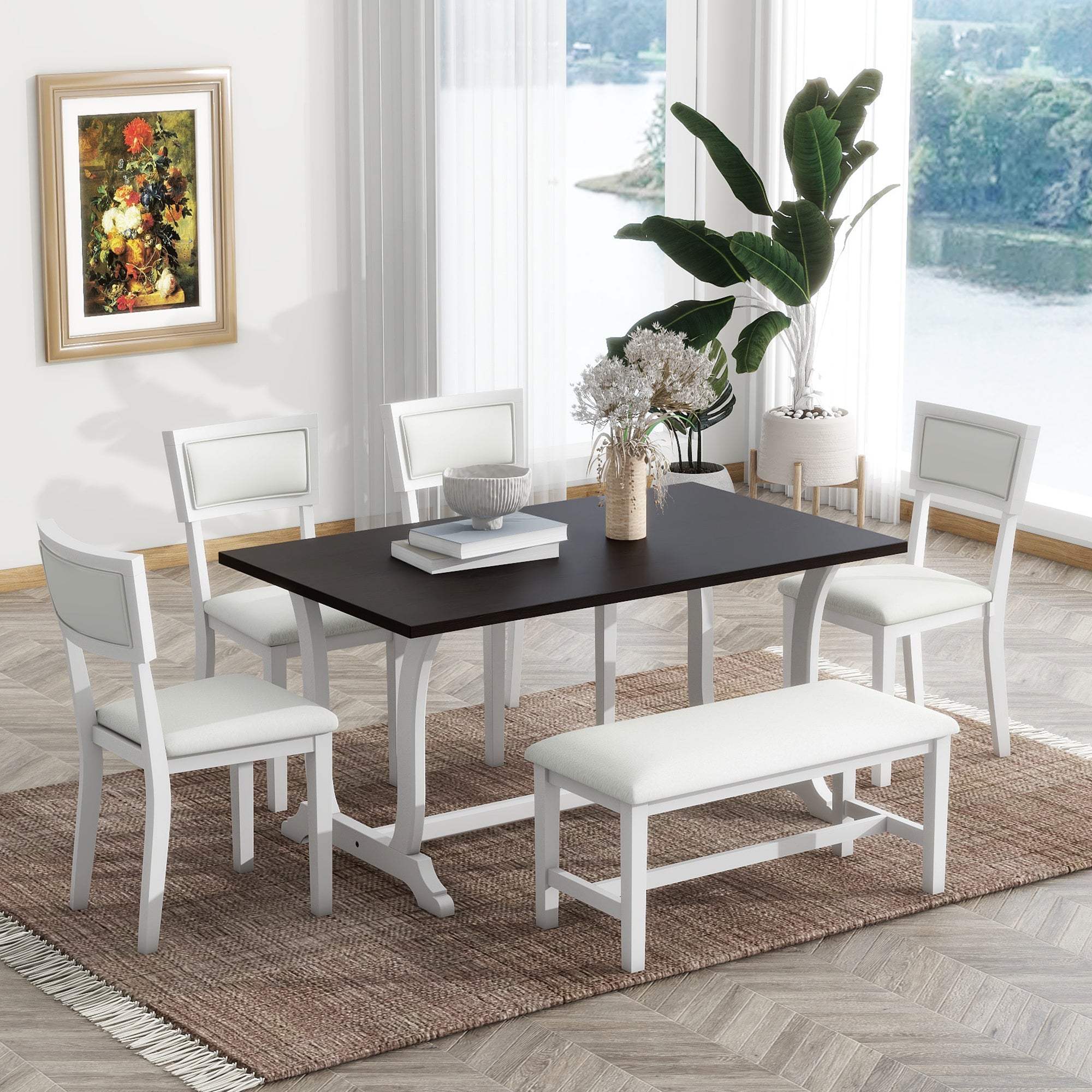 TOPMAX Farmhouse 6-Piece Trestle Dining Table Set with Upholstered Dining Chairs and Bench, 59inch, White