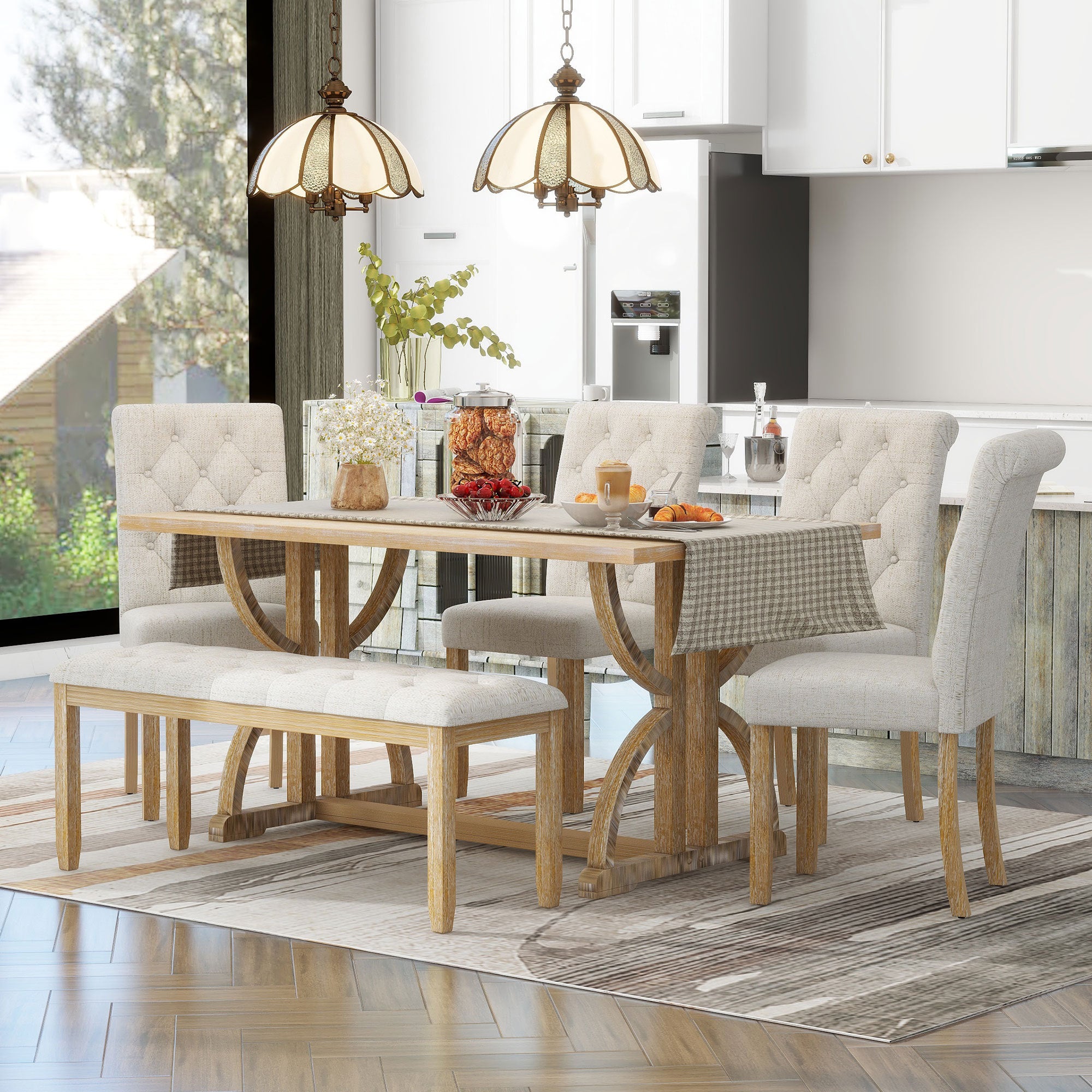 TREXM 6-Piece Retro Rectangular Dining Table Set, Table with Unique Legs and 4 Upholstered Chairs & 1 Bench for Dining Room and Kitchen (Natural Wood Wash)