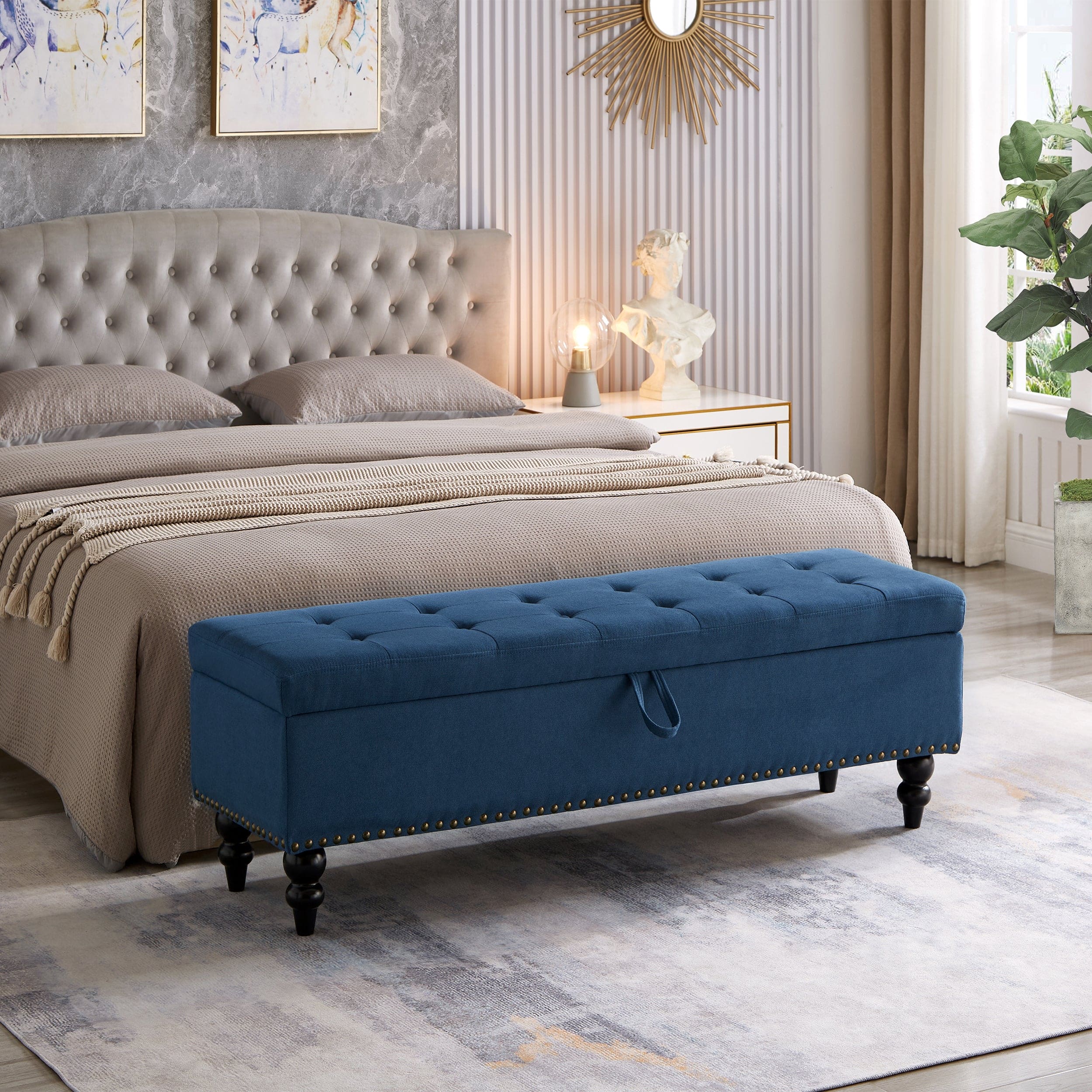 59" Bed Bench with Storage  Blue Fabric