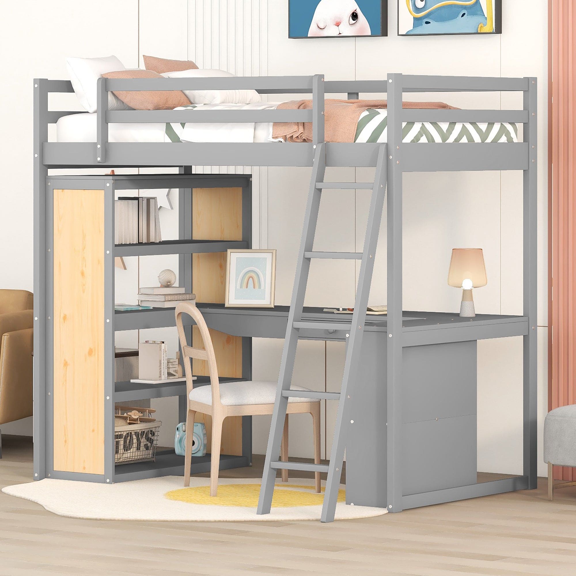 Twin Size Loft Bed with Ladder, Shelves, and Desk, Gray(LT100225AAE)