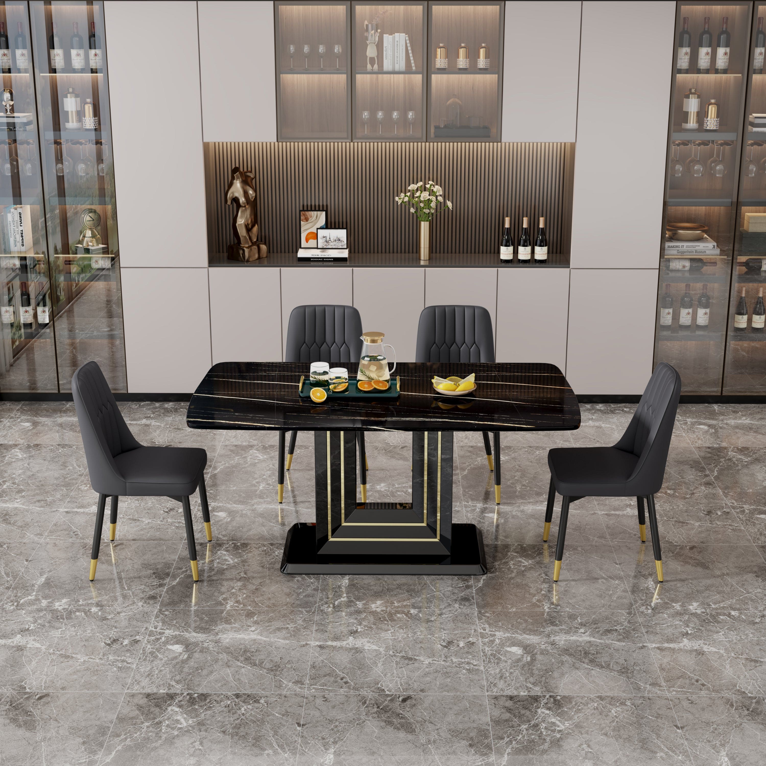 1 table and 4 black chairs. The table features a black imitation marble pattern desktop and black gold MDF legs. Pair with 4 black PU chairs. F-SQ C-007