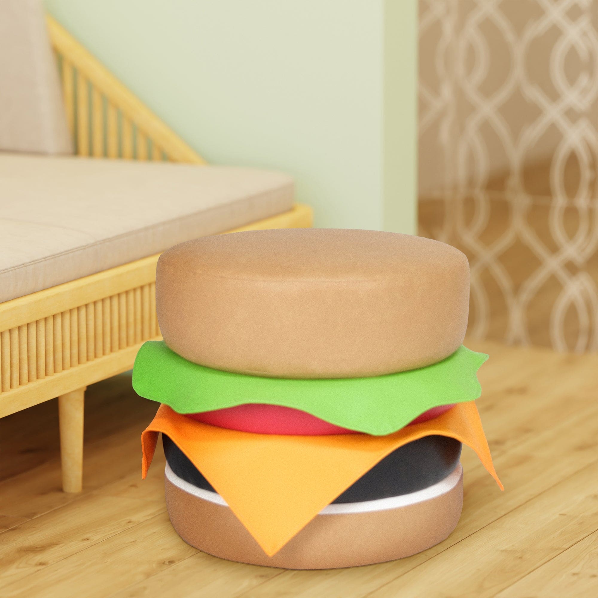 Multi Color Faux Leather Cheeseburger Ottoman, Modern Round Ottoman for Living Room, Bedroom and Apartment with Solid Wood Frame