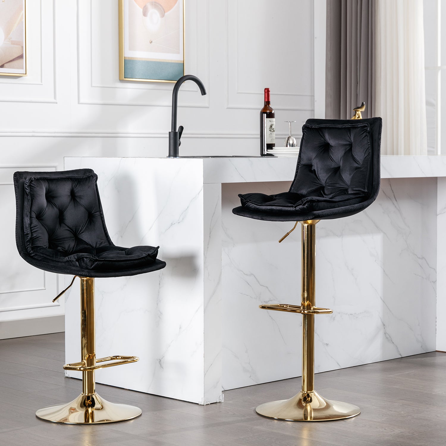 Set of 2 Bar Stools,with Chrome Footrest and Base Swivel Height Adjustable Mechanical Lifting Velvet + Golden Leg Simple Bar Stoo,black