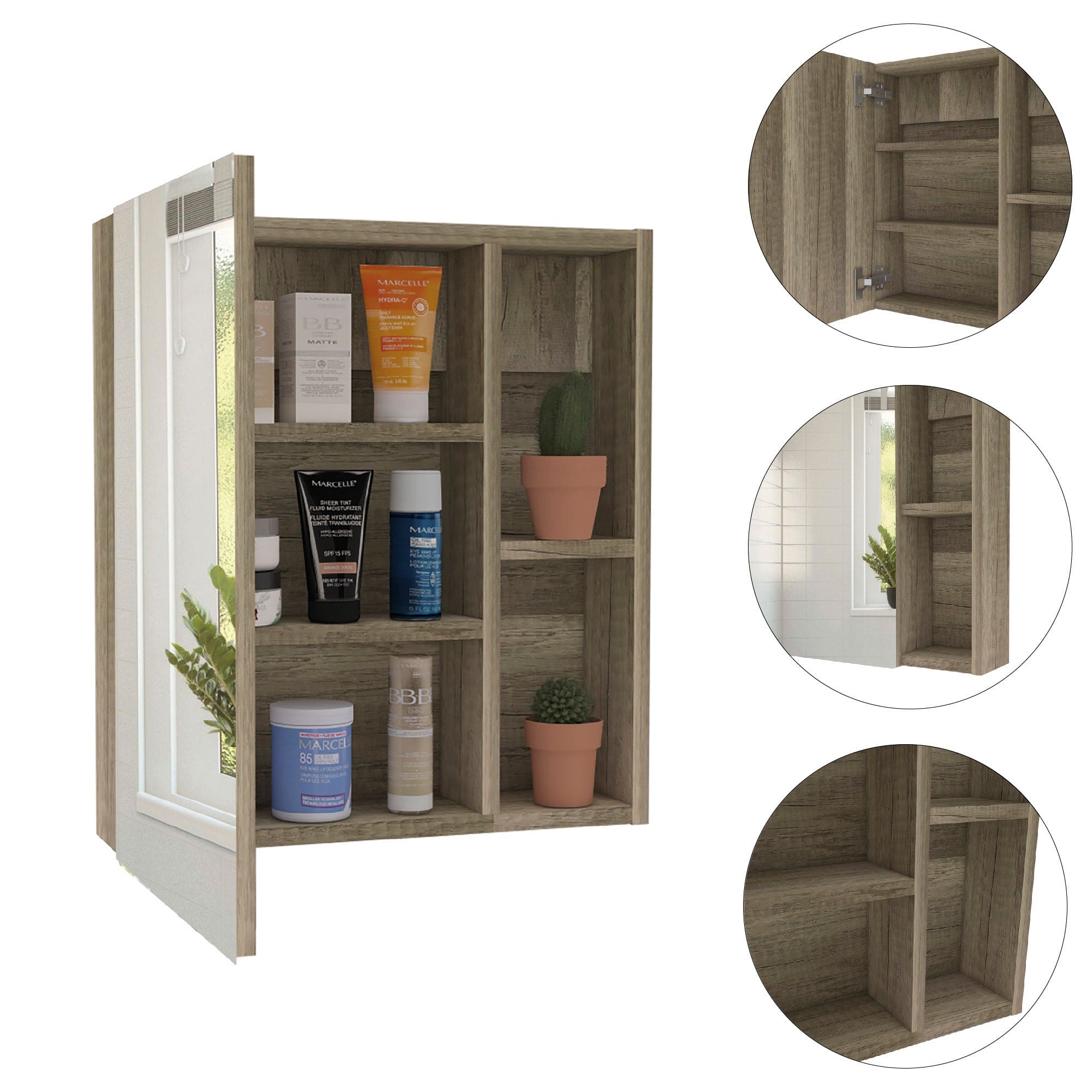 Medicine Cabinet Mirror Clifton, Five Internal Shelves, Pine Finish