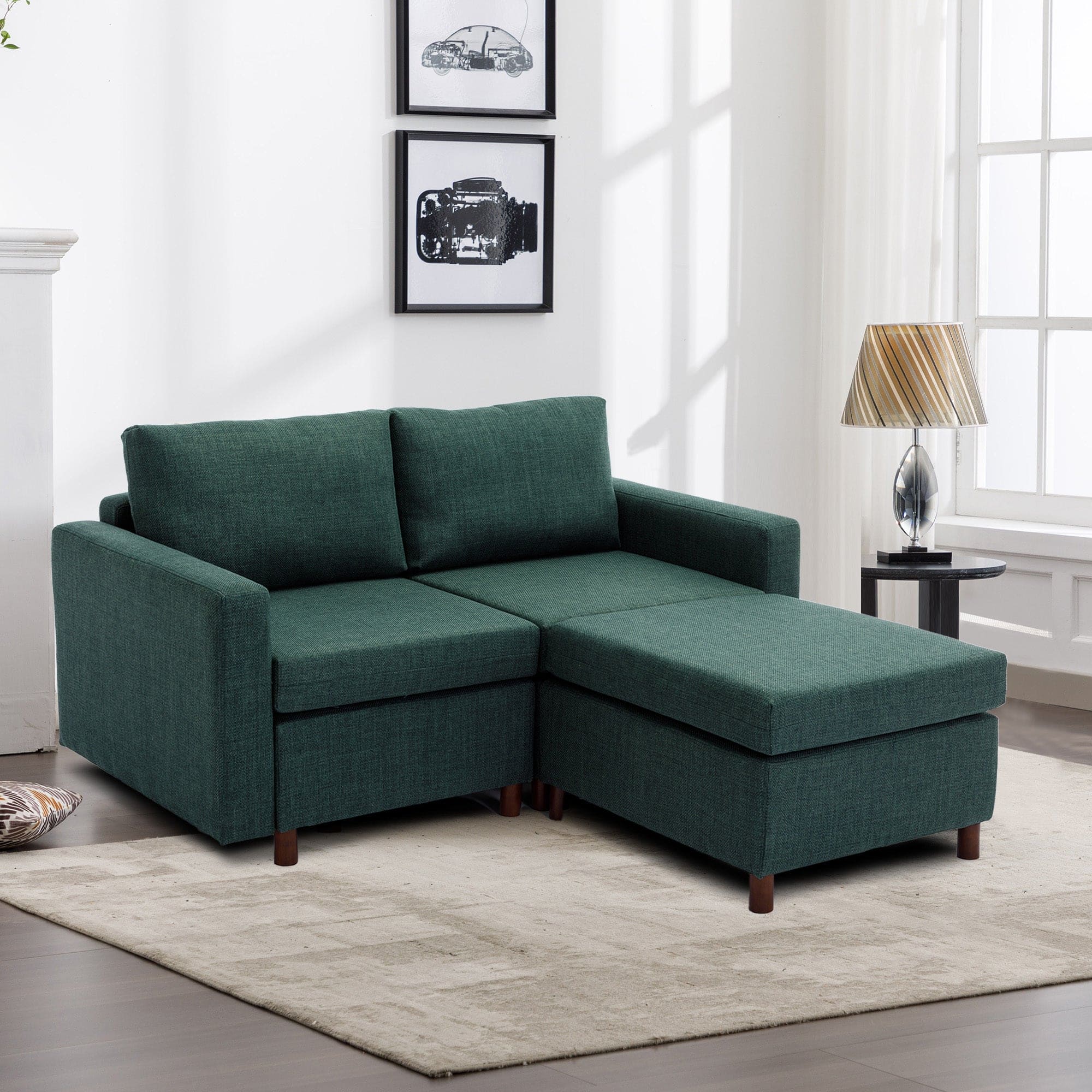 2 Seat Module Sectional Sofa Couch With 1 Ottoman for living room,Seat Cushion and Back Cushion Non-Removable and Non-Washable,Green