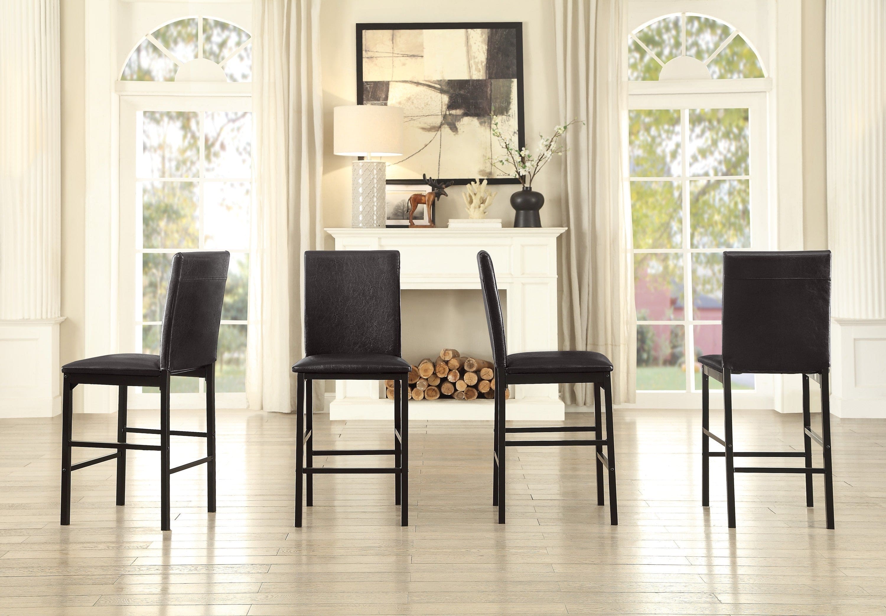 Metal Frame Counter Height Chairs Set of 4 Brown Faux Leather Seat Black Metal Finish Dining Chairs